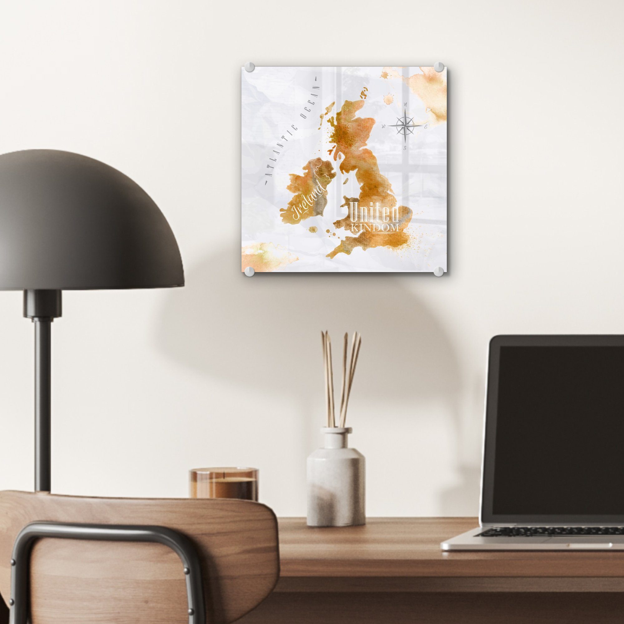 Wandbild - Foto Weltkarte - Wanddekoration England Acrylglasbild Glas MuchoWow - Glasbilder (1 Aquarell, auf - auf Glas Bilder St), -