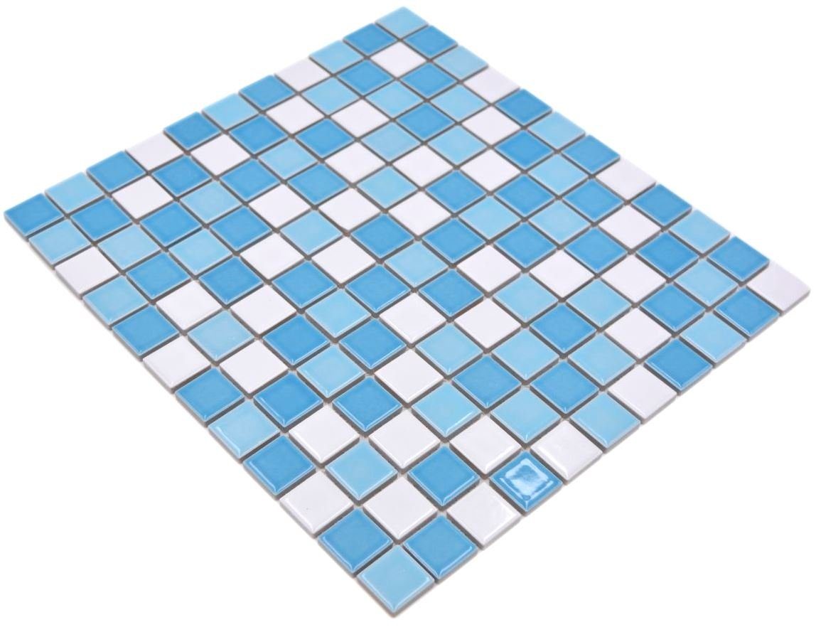 Mosani Mosaikfliesen Keramik Mosaik Schwimmbadmosaik Fliese blau weiss glänzend Duschwand