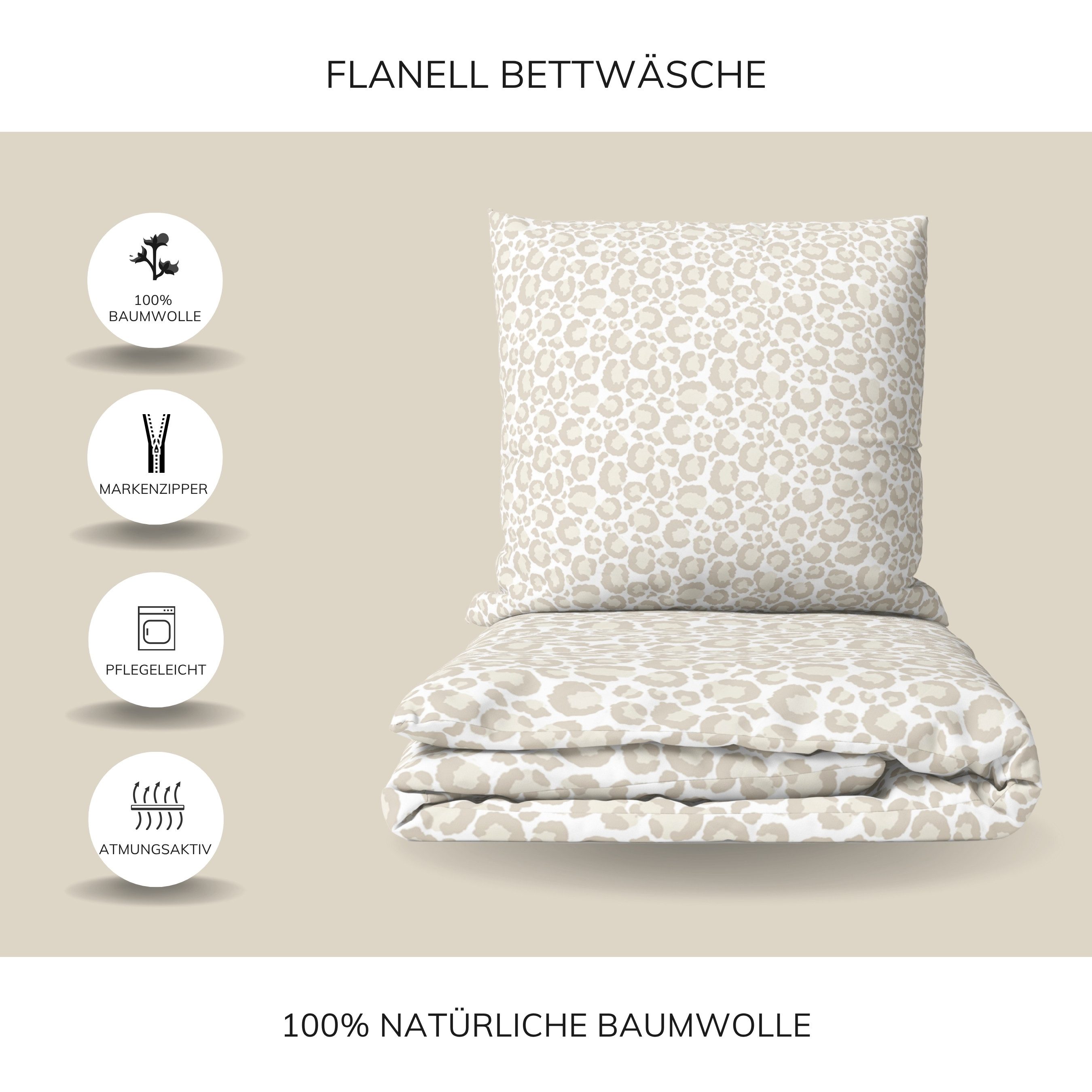 MTOnlinehandel Bettwäsche Winter in Flanell, Leo Adventure, Weiß/ Beige/ Braun • Animal, 100% Baumwolle, 2 teilig, Bettwäsche im Leo Look • jetzt in kuschelig/  – Bild 5 von 5