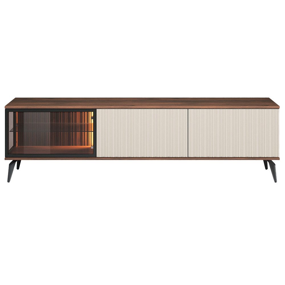 Lomadox Lowboard VIC-160, Eiche Kaschmir Beige Rillen 180 cm Metallfüße Push-to-open grifflos