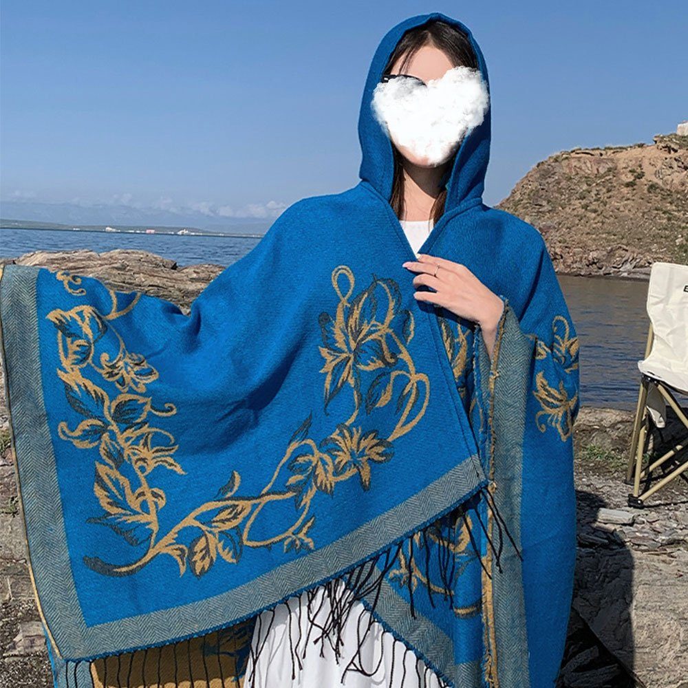 Folk-Stil AUzzO~ Damen Schals, Reversible Poncho chal Umhang Damen Gestrickter 150cm Blau Kaschmirschal