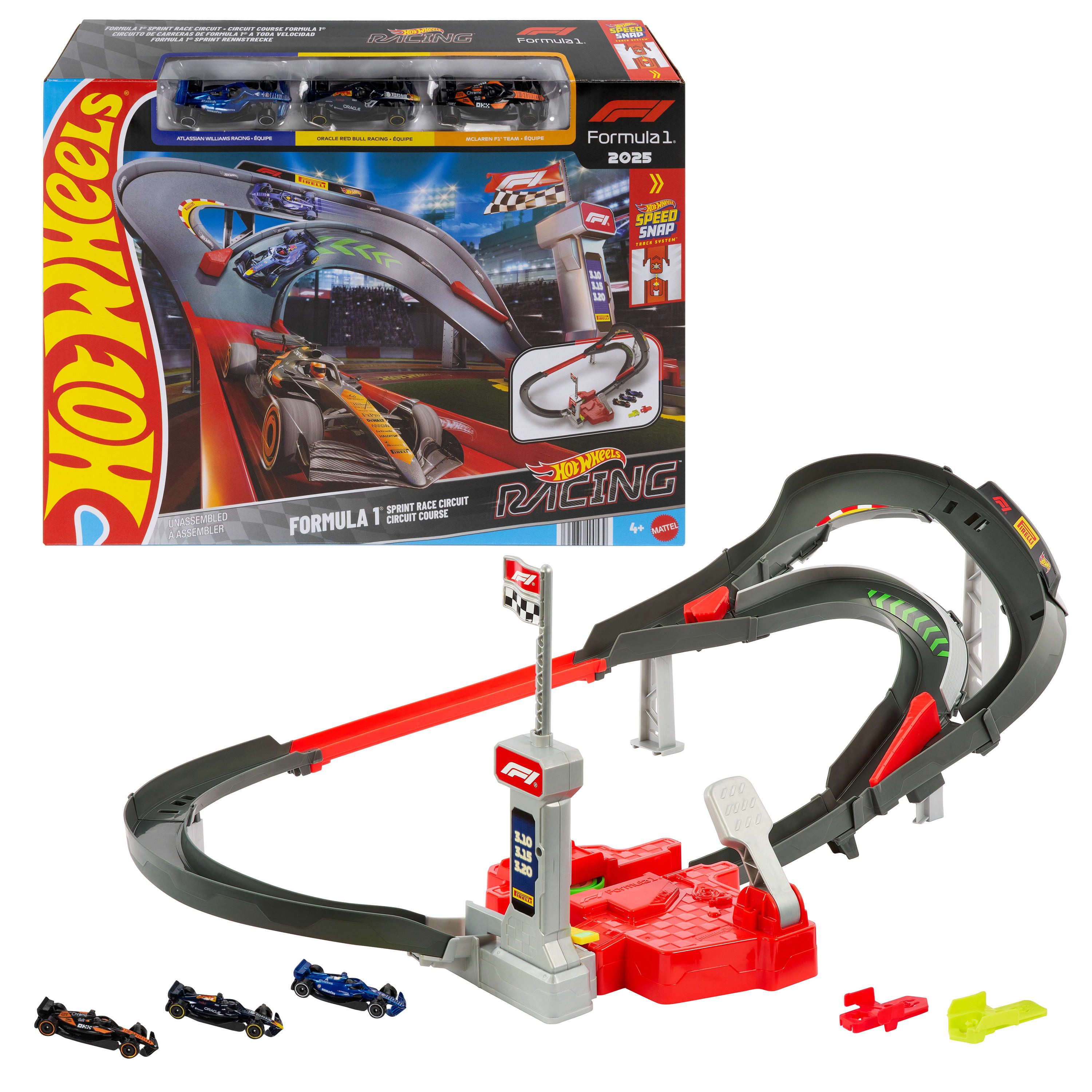 Hot Wheels Autorennbahn Racing Formel-1-Rennstrecke-Trackset, mit 3 Die-Cast-Spielzeugautos im Maßstab 1:64