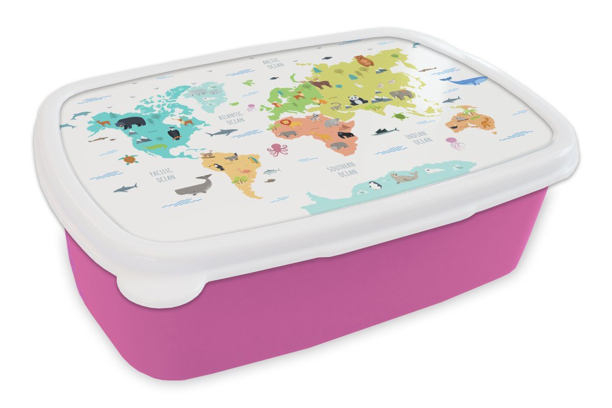 MuchoWow Lunchbox Weltkarte - Tiere - Kinder, Kunststoff, (2-tlg), Brotbox für Erwachsene, Brotdose Kinder, Snackbox, Mädchen, Kunststoff rosa