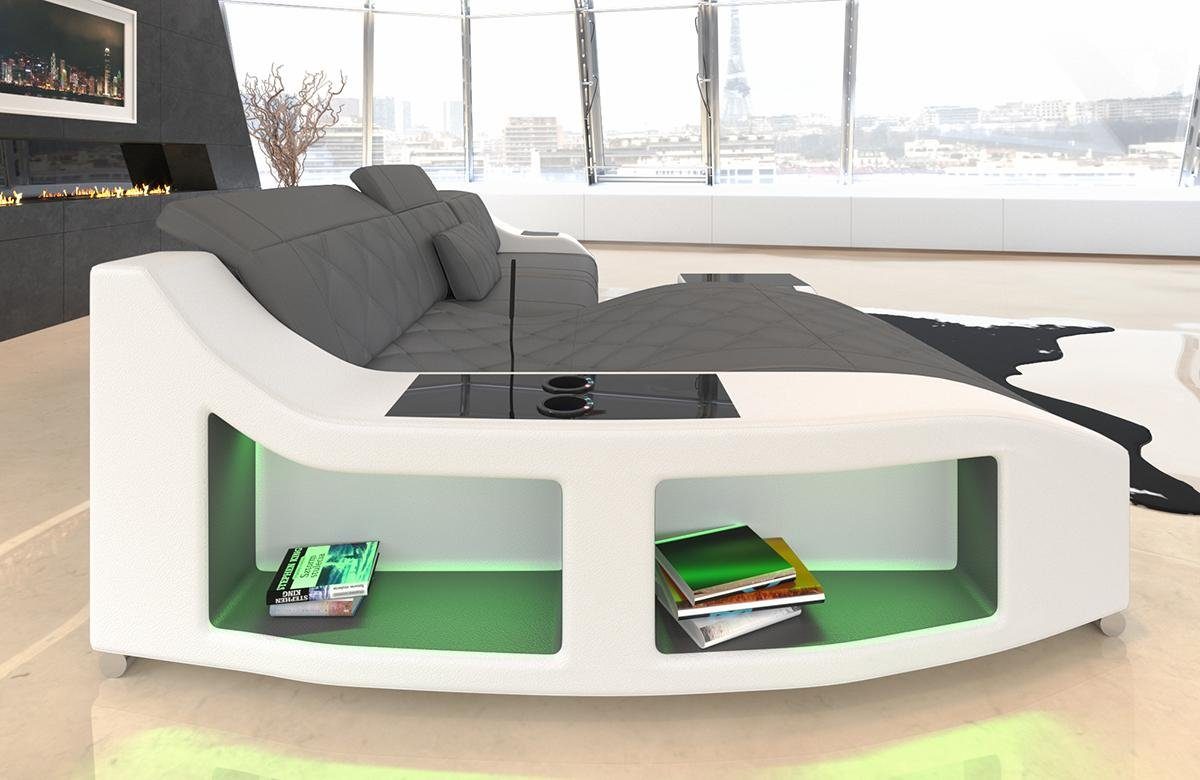 Sofa Dreams Ecksofa Leder Couch Ledersofa Swing L Form Sofa, mit LED, wahlweise mit Bettfunktion als Schlafsofa, grau-weiß