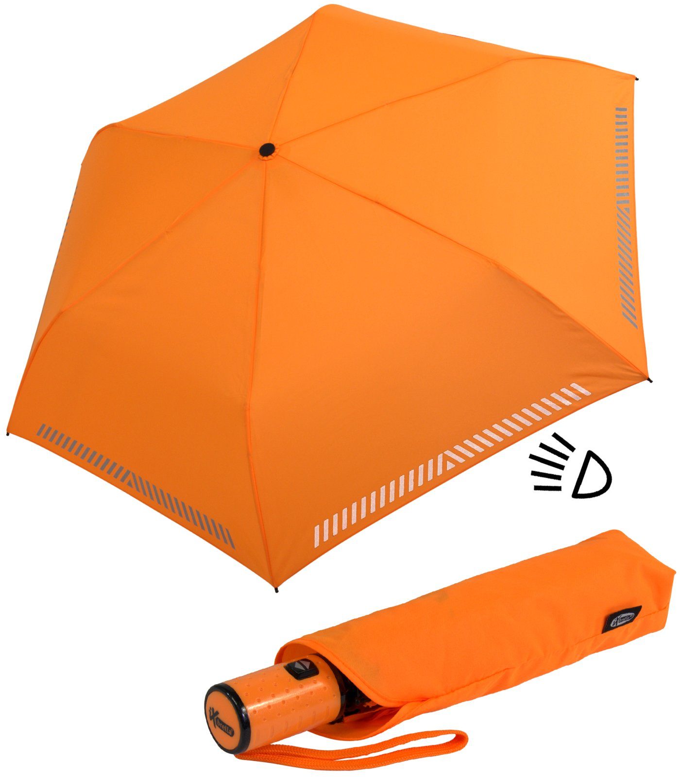 iX-brella Taschenregenschirm Kinderschirm mit Auf-Zu-Automatik, reflektierend, Sicherheit durch Reflex-Streifen - neon orange