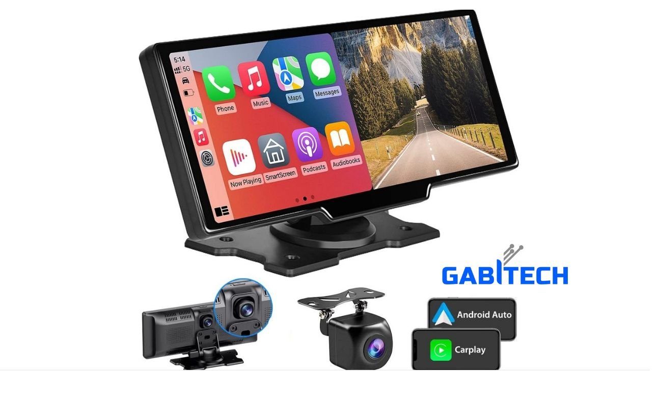 GABITECH 9 Zoll Carplay Smartphone Monitor inkl 2 Kameras & Sprachsteuerung  Navigationsgerät (Bluetooth, 1 DVR Dashcam & Videoaufzeichnung, 1  Rückfahrkamera, WiFi)