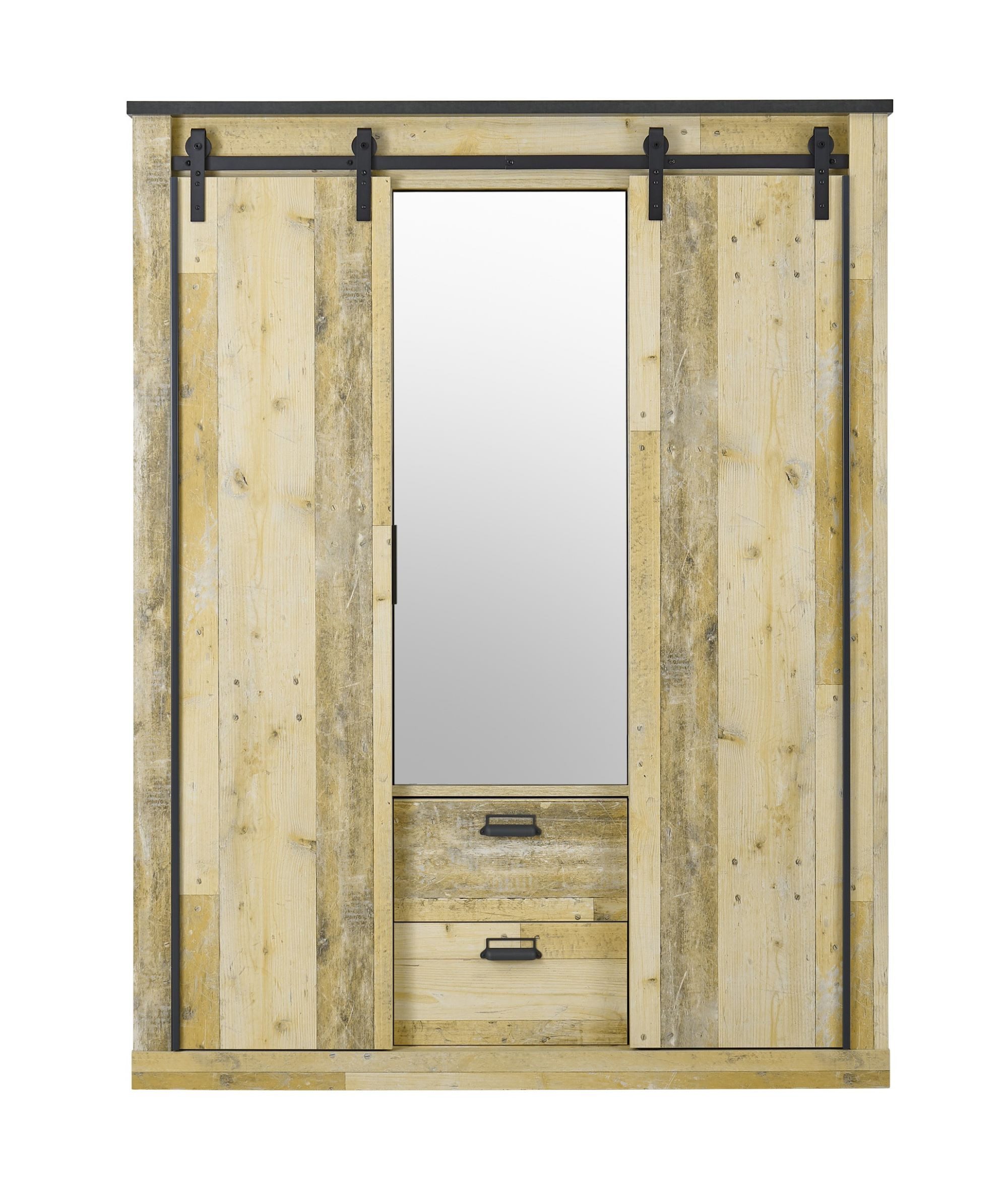 99rooms Schwebetürenschrank Woodsher (Kleiderschrank, Schrank) mit 3 Türen, 2 Schubladen, 6 Fächer, 5 Einlegeböden, 2 Kleiderstangen