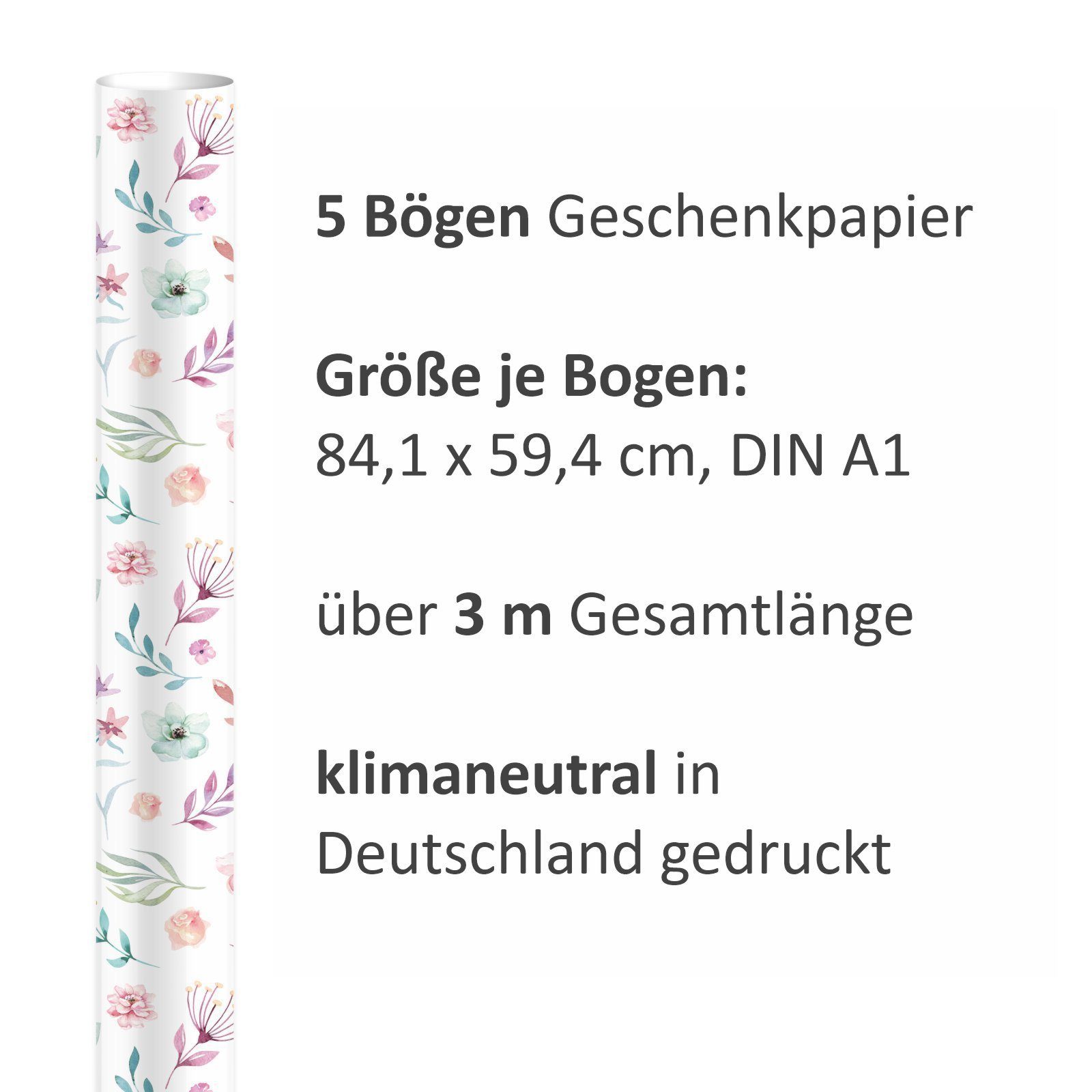 bunt nikima Aquarell Blumen/Federn Packpapier 5 Geschenkpapier, Bögen