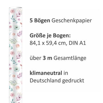 nikima Packpapier Blumen/Federn bunt Aquarell Geschenkpapier, 5 Bögen