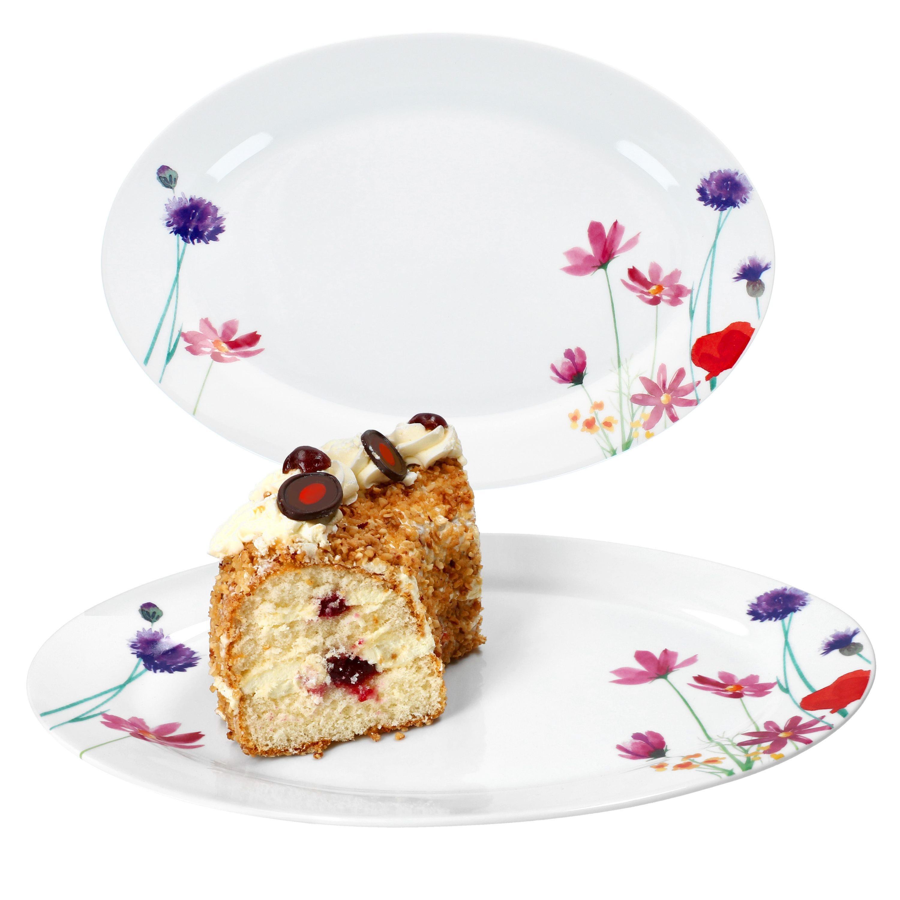 MamboCat Servierplatte 2x Marie Servierplatte oval Porzellan 35,5x24,3cm Blumen Grill-Teller, Porzellan