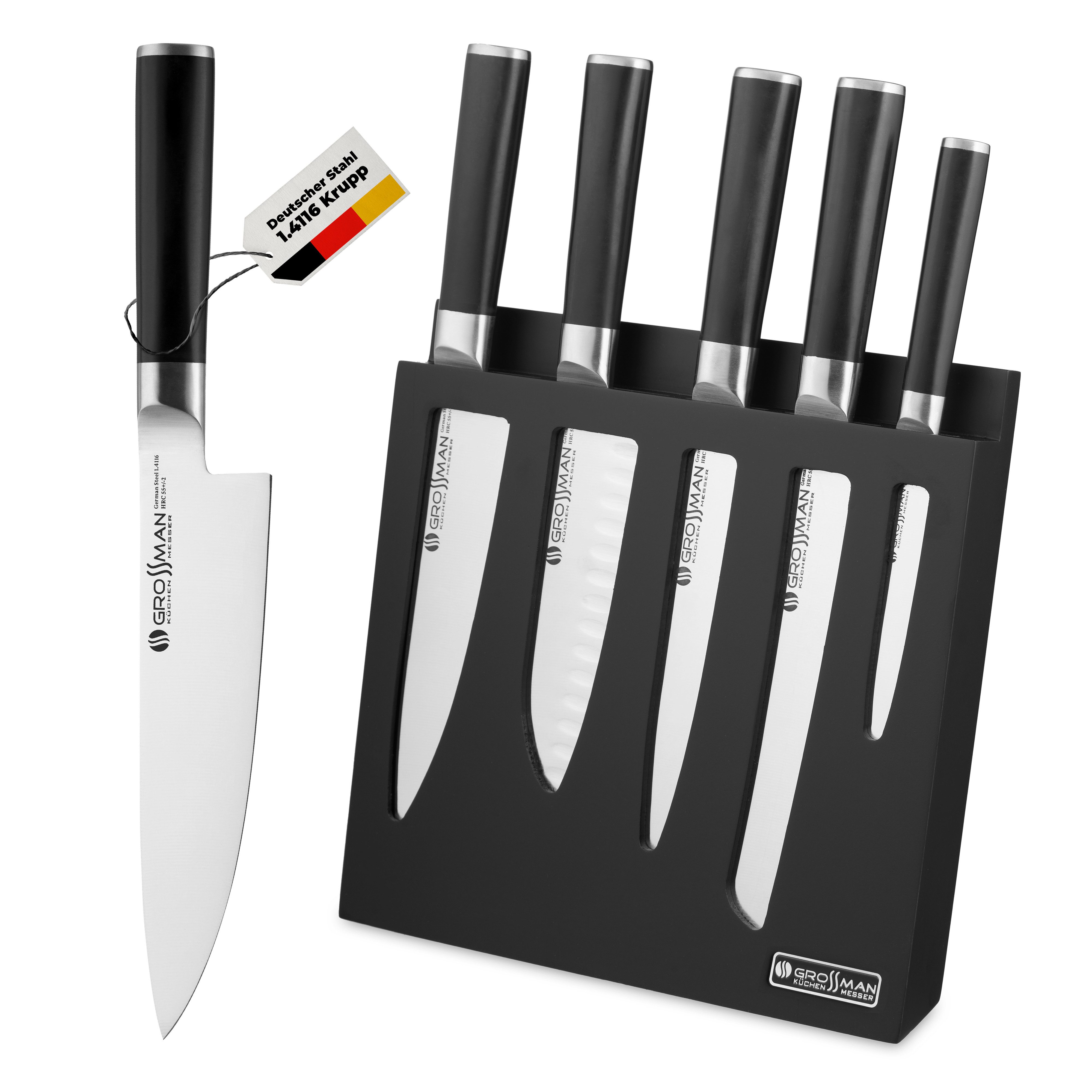 GROSSMAN Messerblock Duncan 5-teiliges Messerset, deutscher Edelstahl, Gummibaum