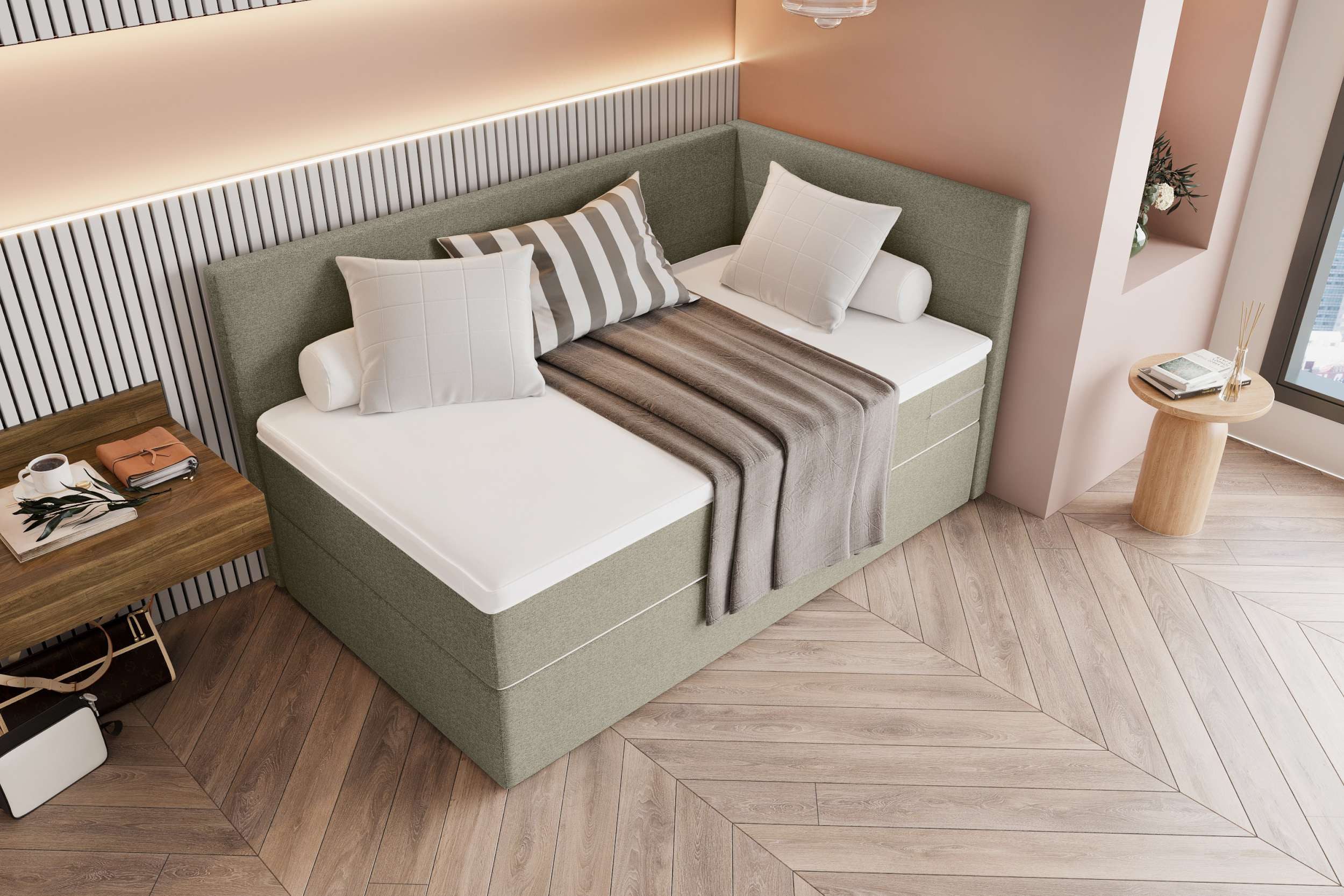 99rooms Boxspringbett Phönix Mini Plus (Schlafzimmerbett, Bett), mit Taschenfederkernmatratze und Topper, in Webstoff MALMO_NEW