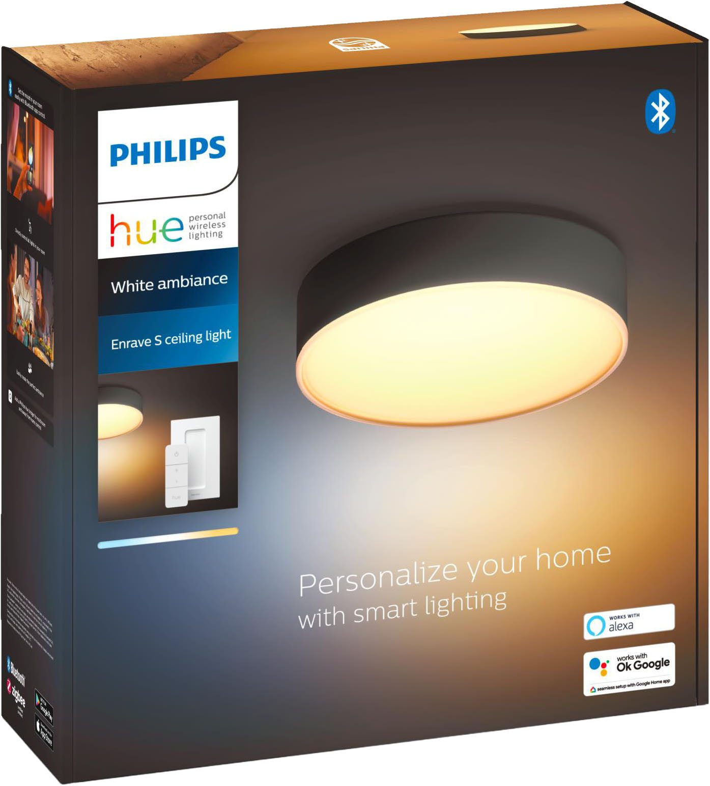 Philips Hue Smarte LED-Leuchte White Ambiance Enrave Deckenleuchte S schwarz, Abschaltautomatik, Bluetooth, CCT - über Fernbedienung, Dimmer, Dimmfunktion, Farbsteuerung, Fernbedienung, Infrarot inkl., Leuchtdauer einstellbar, Memoryfunktion, Nachtlichtfunktion, Smart Home, Timerfunktion, dimmbar über Fernbedienung, erweiterbar, mehrere Helligkeitsstufen, LED wechselbar, warmweiß - kaltweiß, inkl. Philips Hue Dimmschalter