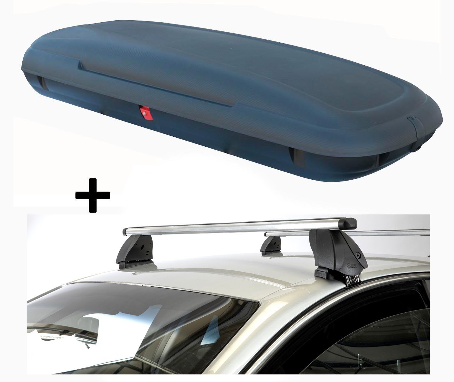 VDP Dachbox, (Für Ihren Subaru Pleo (5Türer) ab 07, Dachbox und Dachträger im Set), Dachbox VDPCA480 480 Liter carbonlook + Dachträger K1 PRO Aluminium kompatibel mit Subaru Pleo (5Türer) ab 07