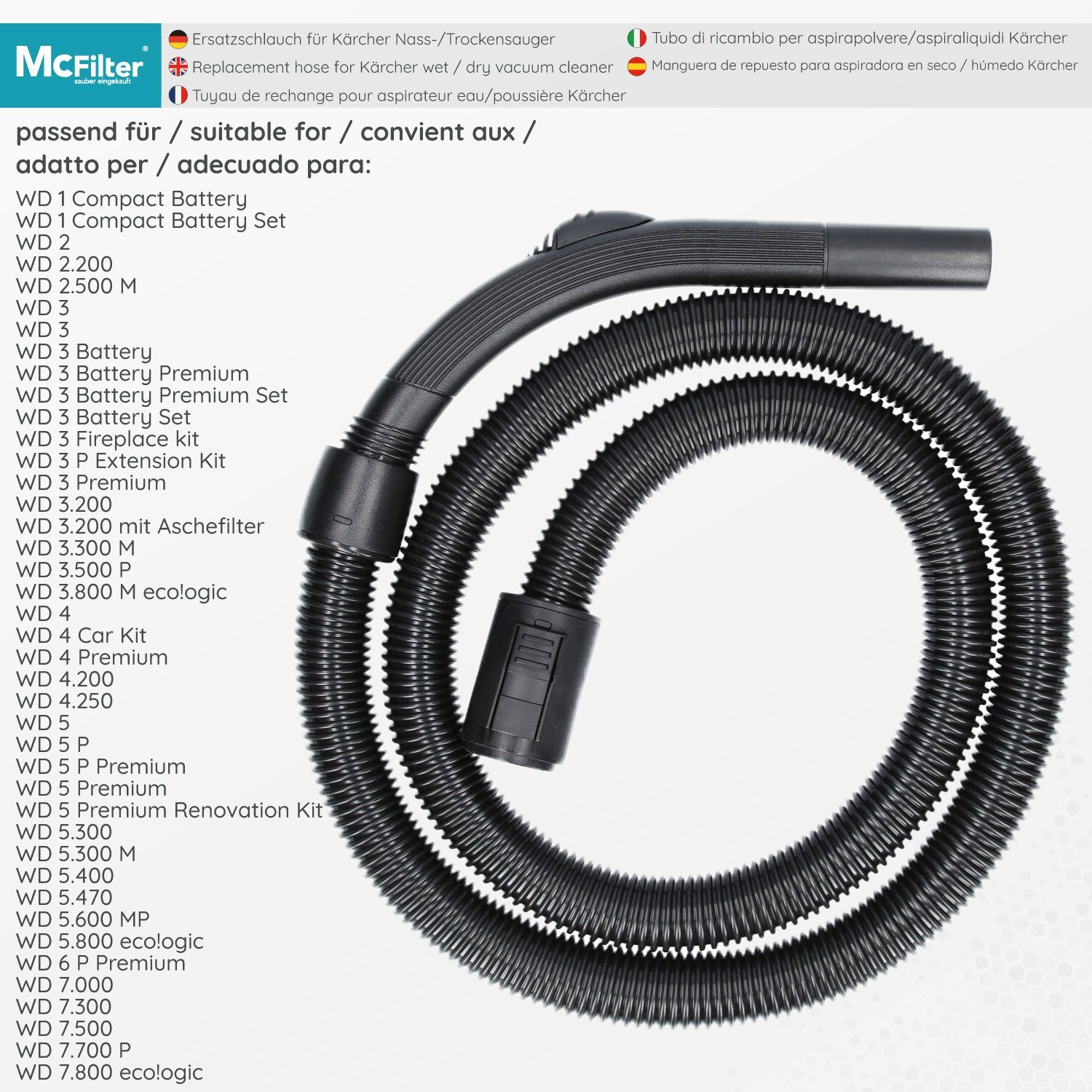 McFilter Staubsaugerschlauch (2 Meter) Schlauch mit Handgriff, geeignet für Kärcher WD Serie, MV, Serie, A Serie, SE Staubsauger, leicht, flexibel, formstabil, wendig