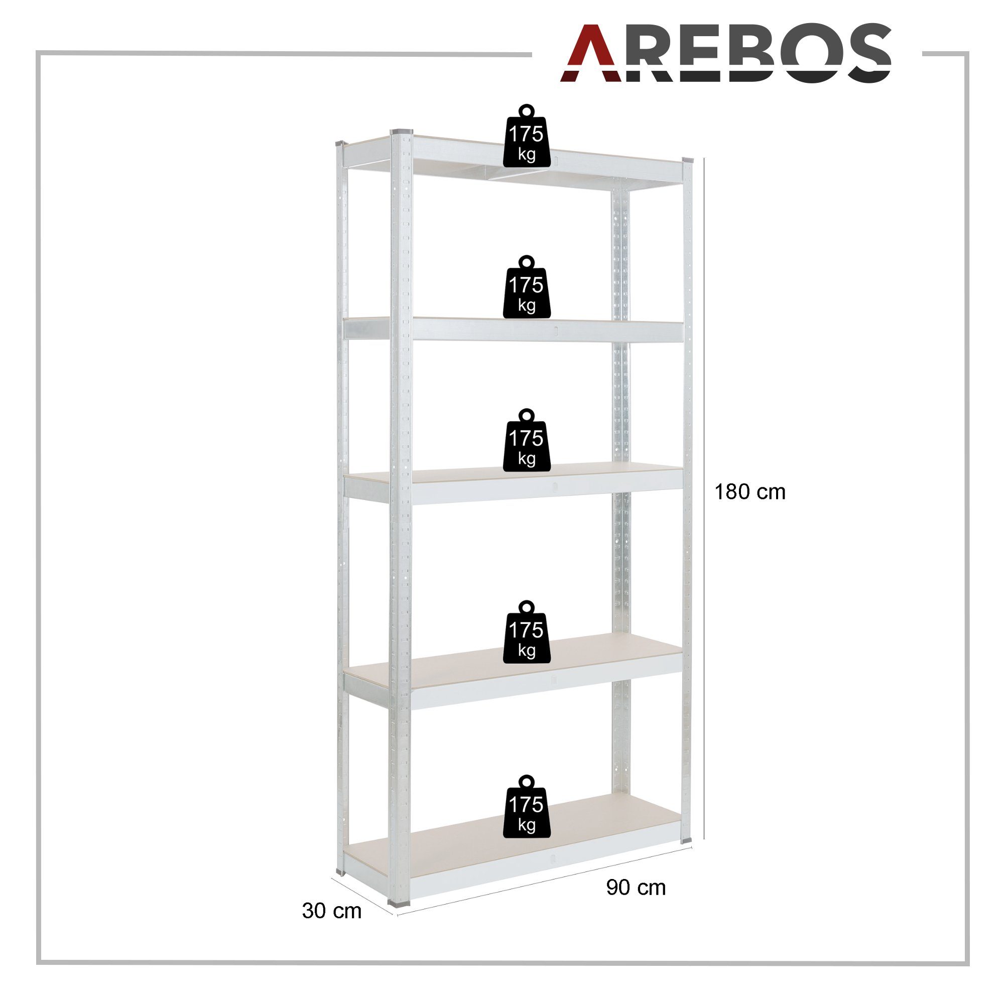 Arebos Schwerlastregal 180x90x30 cm, 5 Böden, 875 kg Traglast, Steckregal, Lagerregal, Set 2-tlg., Flexibel einsetzbar: für Werkstatt, Garage, Keller oder Lager – Bild 4 von 5