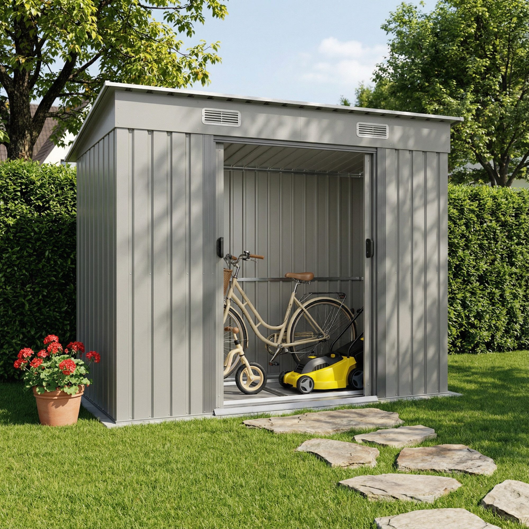 GUNJI Gerätehaus Metall Geräteschuppen Inkl. Stahlfundament, Gartenhaus mit Pultdach, M: 1,8m x 1,1m, L: 2.3m x 2m, XL: 2.4m x 3m, Doppelschiebetür