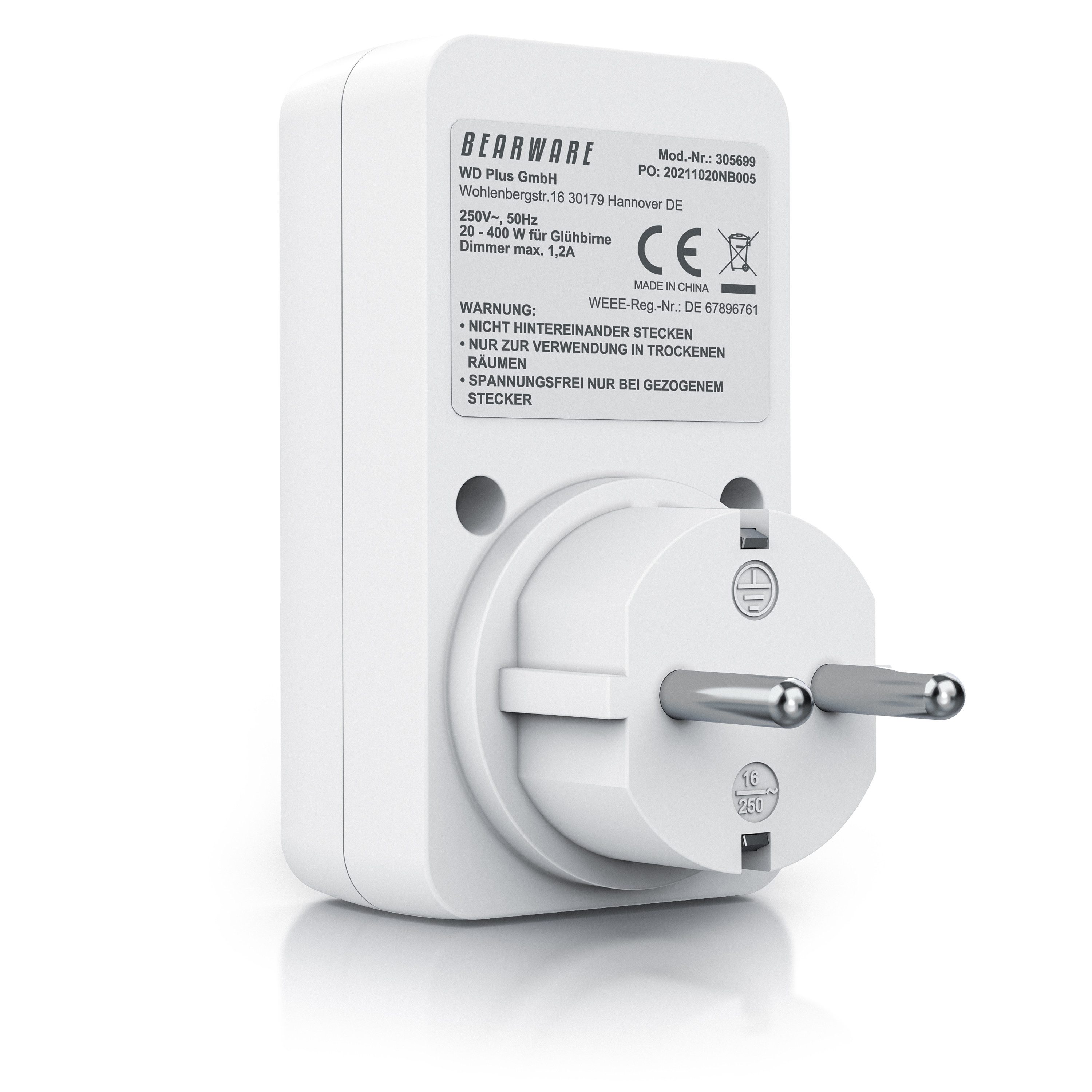 BEARWARE Drehdimmer Steckdosendimmer mit Drehregler für Glühlampen, 20 - 400 Watt (1-St), Universal Dimmer / Helligkeitsregler für Tischlampen und Stehlampen