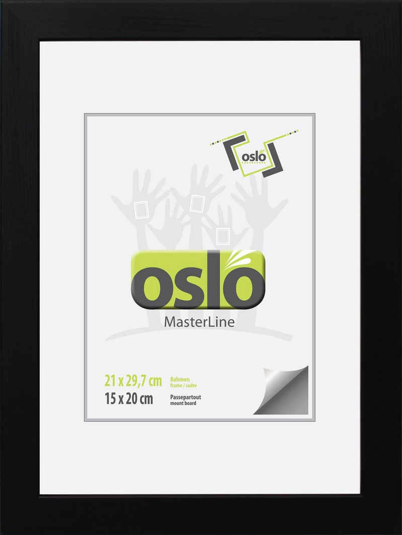 Oslo MasterLine Einzelrahmen Bilderrahmen 21 x 30 cm Urkundenformat DIN A4 exakt 21 x 29,7 cm, Urkundenrahmen schwarz Holz massiv FSC Echtglas stabiler Aufsteller