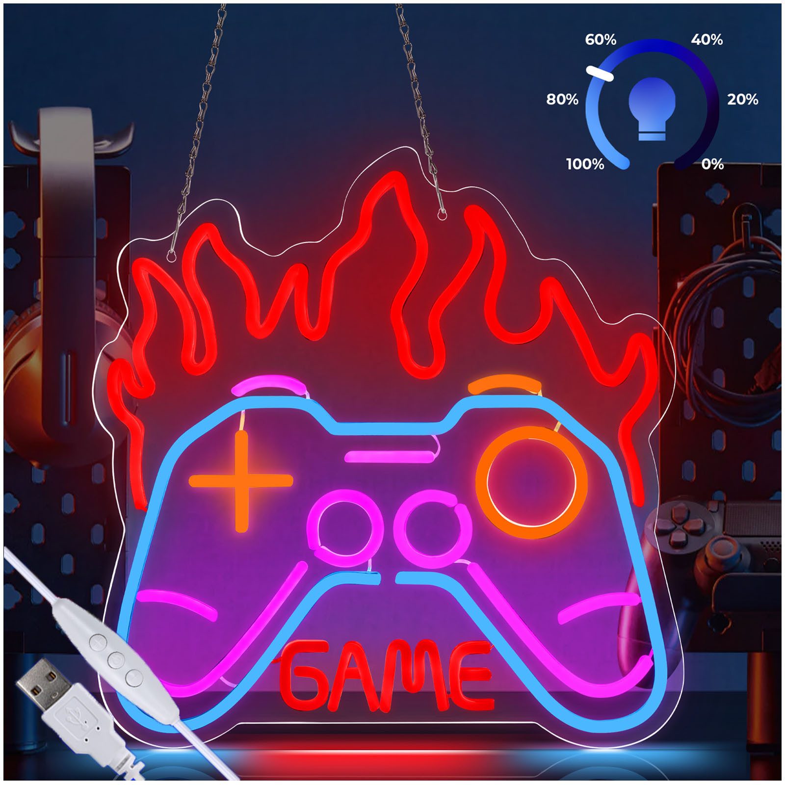 JIBENNEON LED Dekoobjekt GAME Spiel Neon Sign Dimmbar Neonschild Wanddekoration USB, Schalter, Griffform-Game, LED fest integriert, Leuchtreklamen LED Nachtlicht Wandleuchten