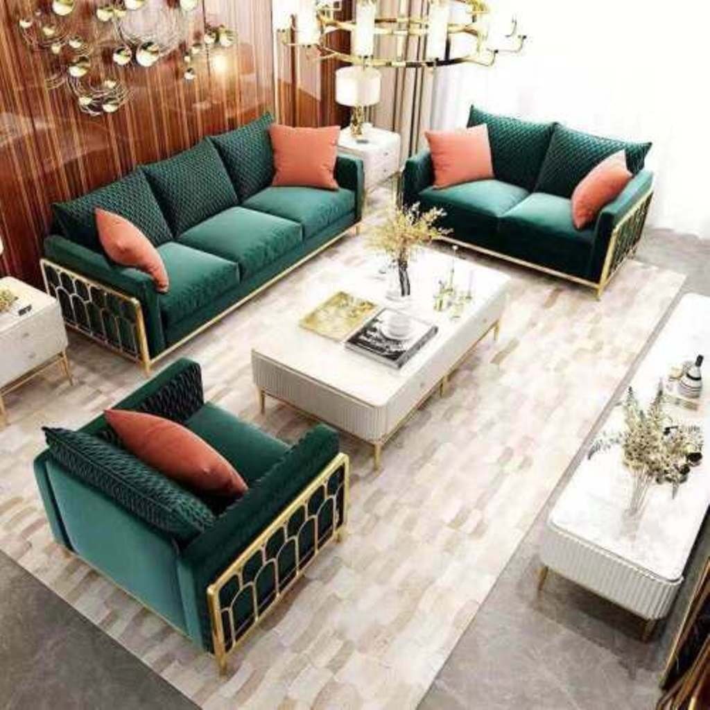 JVmoebel Wohnzimmer-Set, Design Samt Sofa Couch Gruppe Garnitur 3+1+1 Metall Set Neu 3tlg | Wohnwände