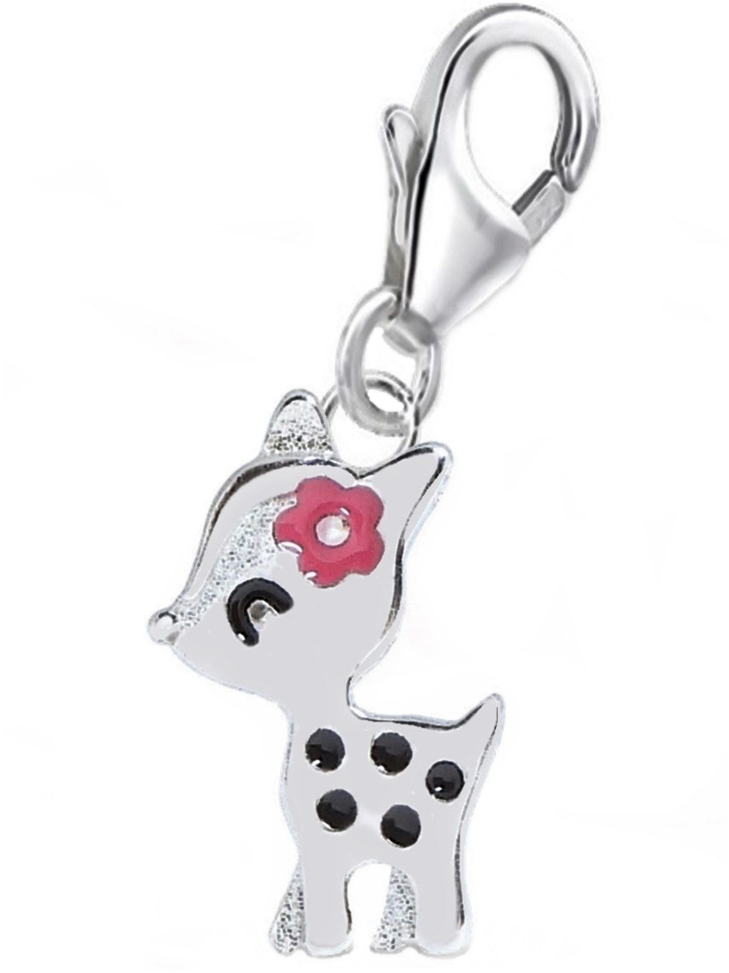 Charm-Einhänger Rehkitz Karabiner Charm Anhänger aus 925 Sterling-Silber mit Emaille