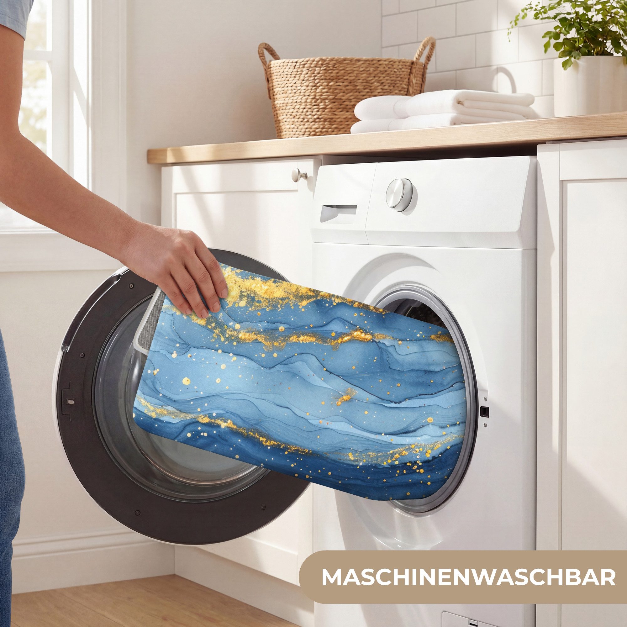 OnlyWow WC-Vorleger Aquarell - Blau - Kunst - Gold - Luxus - Modern, Höhe 10 mm, Polyester, Rechteckig, WC Teppich, Toilettenvorleger, Toilettenteppich, Bademat – Bild 5 von 5