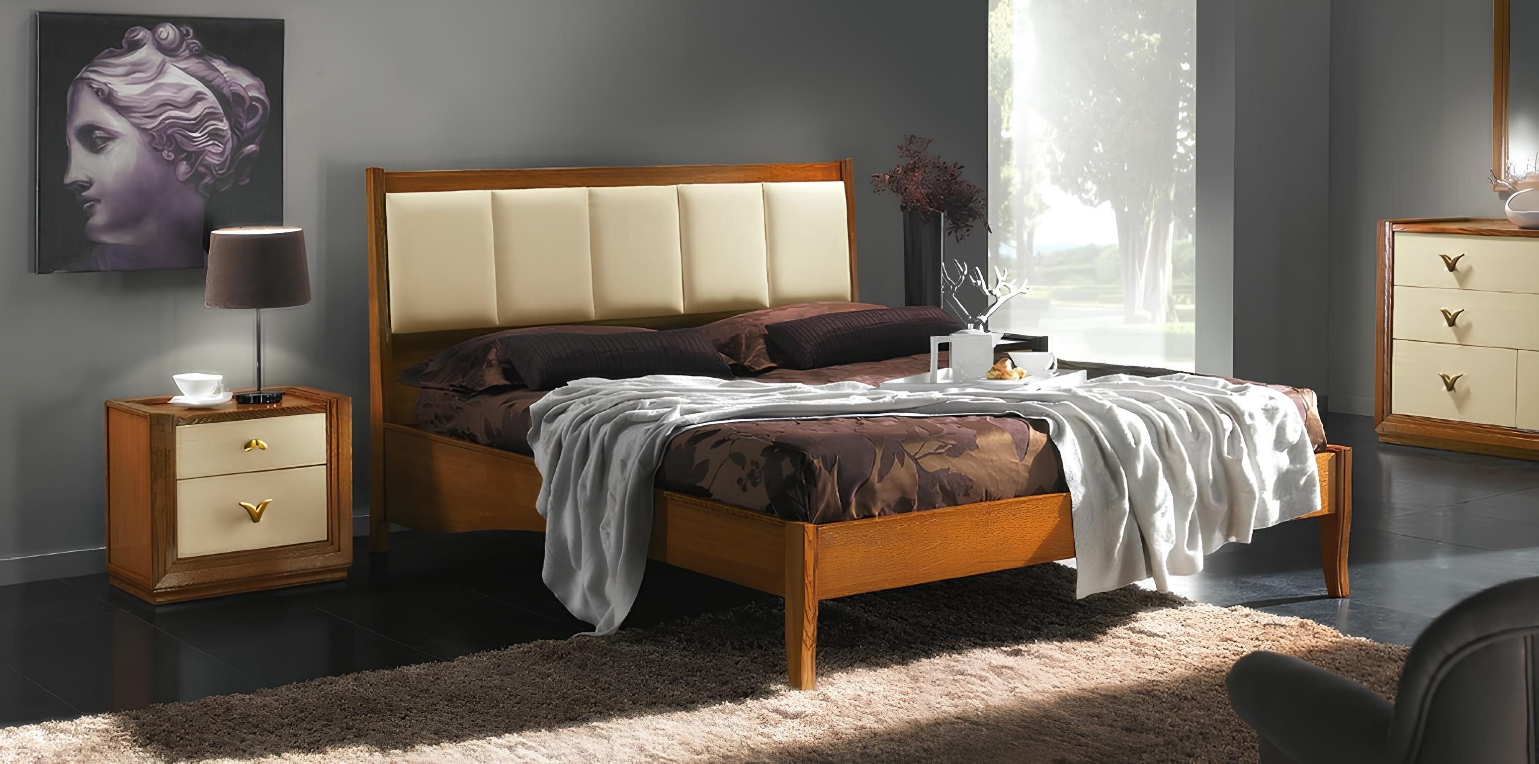 JVmoebel Lederbett Elegantes Schlafzimmermöbel Set in warmem Braun mit Nachttischen (Set, Set), Made in Europa