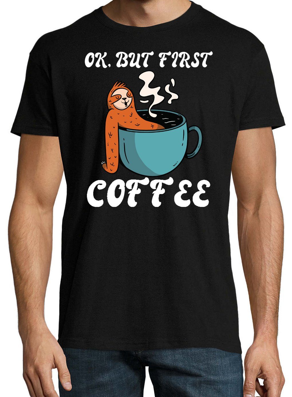 Youth Faultier, But First mit Frontdruck Trendigem Herren Coffee Designz Schwarz Shirt T-Shirt