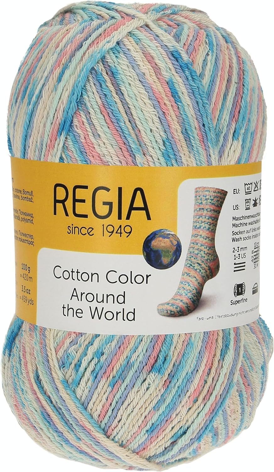 Regia Sockenwolle 4 fädig Cotton Color mit Baumwolle Häkelwolle, 420 m (100g Strumpfwolle, Sockengarn 4fach, auch für empfindliche Haut und Wolle-Всеrgiker), mit 72% Baumwolle, ohne Schurwolle