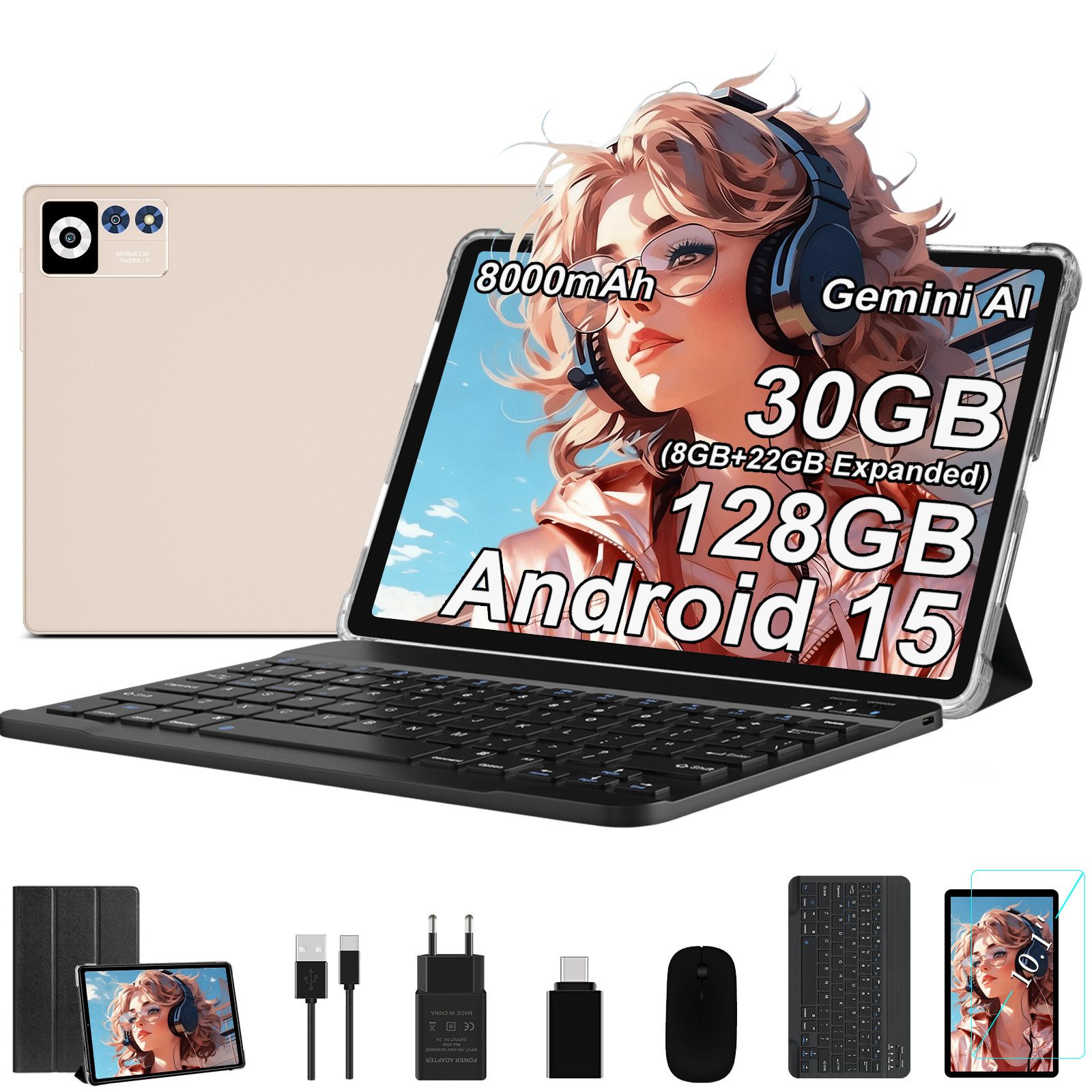 GOODTEL 10.1 Zoll Android 15 Tablet – 30GB RAM, 128GB Speicher Tablet (10.1", Android15, Octa-Core 2.0GHz, 8000mAh Akku, GPS)