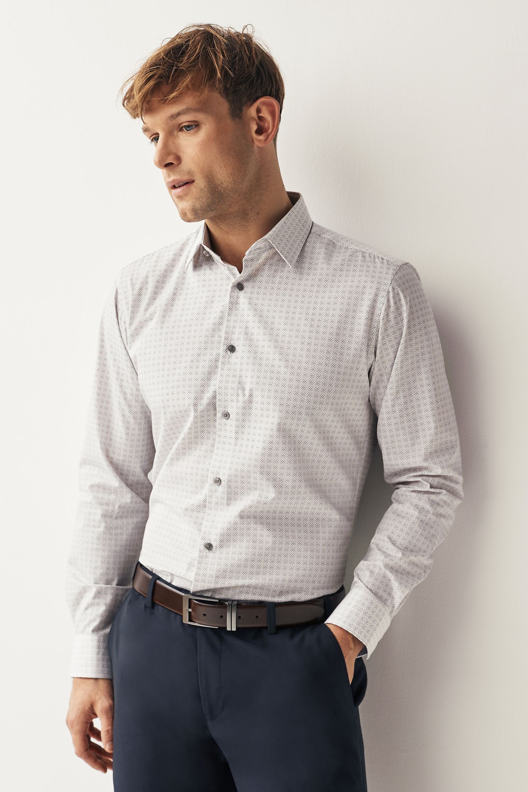 Langarmhemd Slim Fit Hemd mit Besatz und einfachen Manschetten