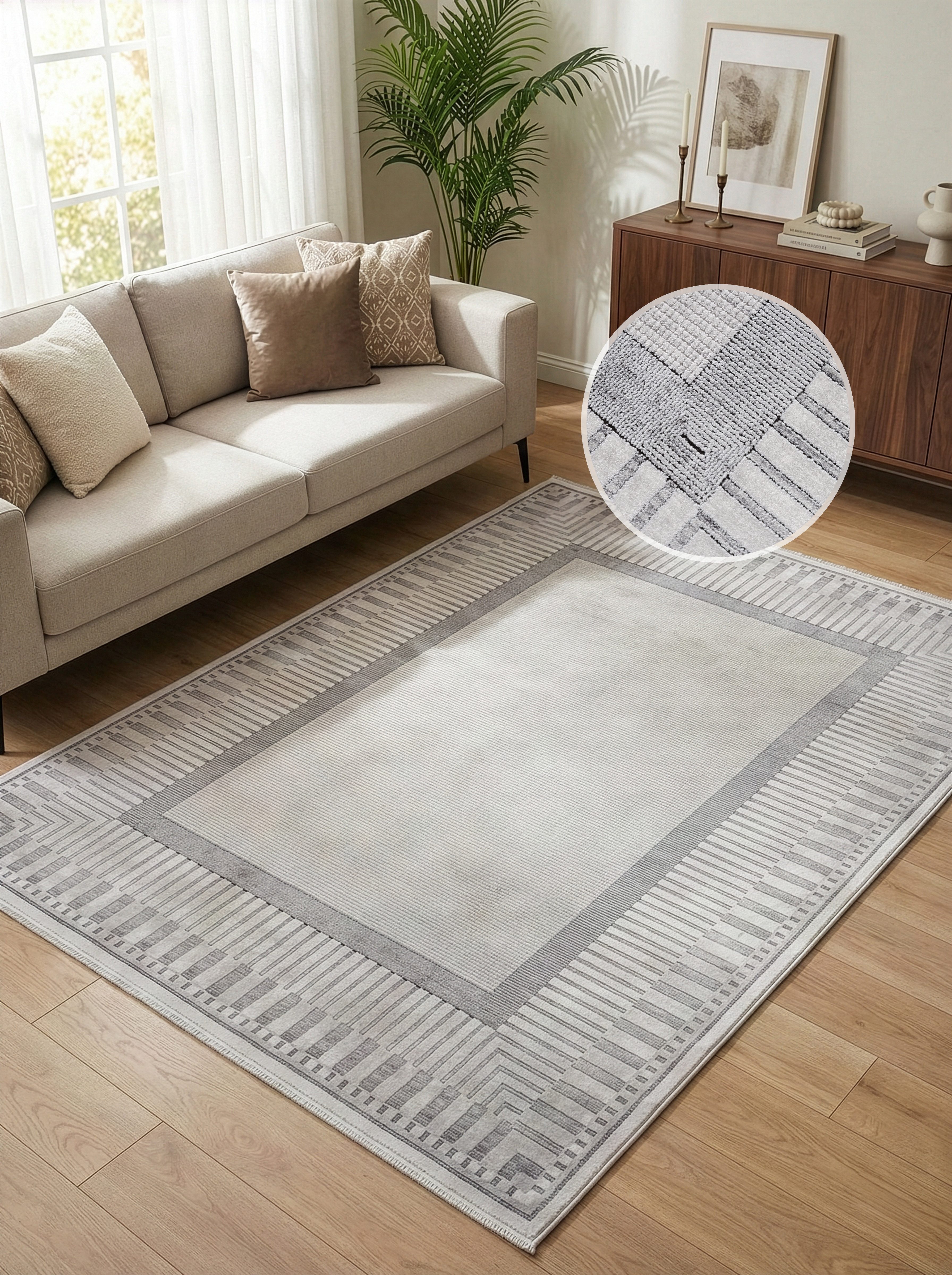 Calvin Klein home Teppich Luster, mit Fransen, Designerteppich, rechteckig, Höhe: 6 mm, Rahmen, Muster, meliert, Wohnzimmer, Schlafzimmer, Esszimmer