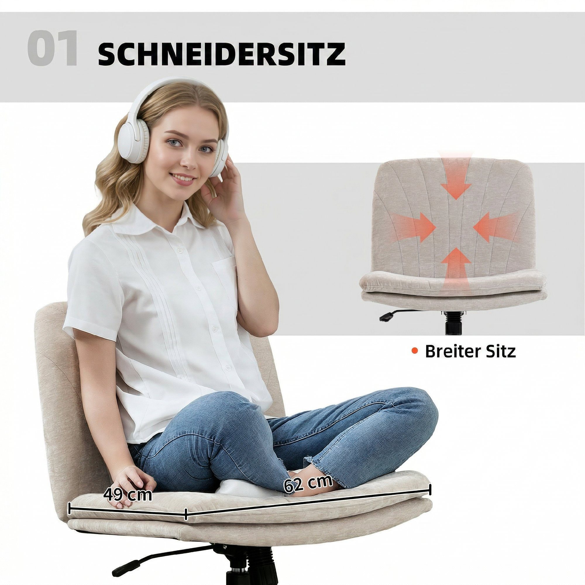 HOMCOM Bürostuhl Höhenverstellbar Homeoffice Stuhl Schreibtischstuhl mit Leinenoptik (Schminkstuhl, 1 St), für Arbeitszimmer, Schlafzimmer, Beige – Bild 4 von 5