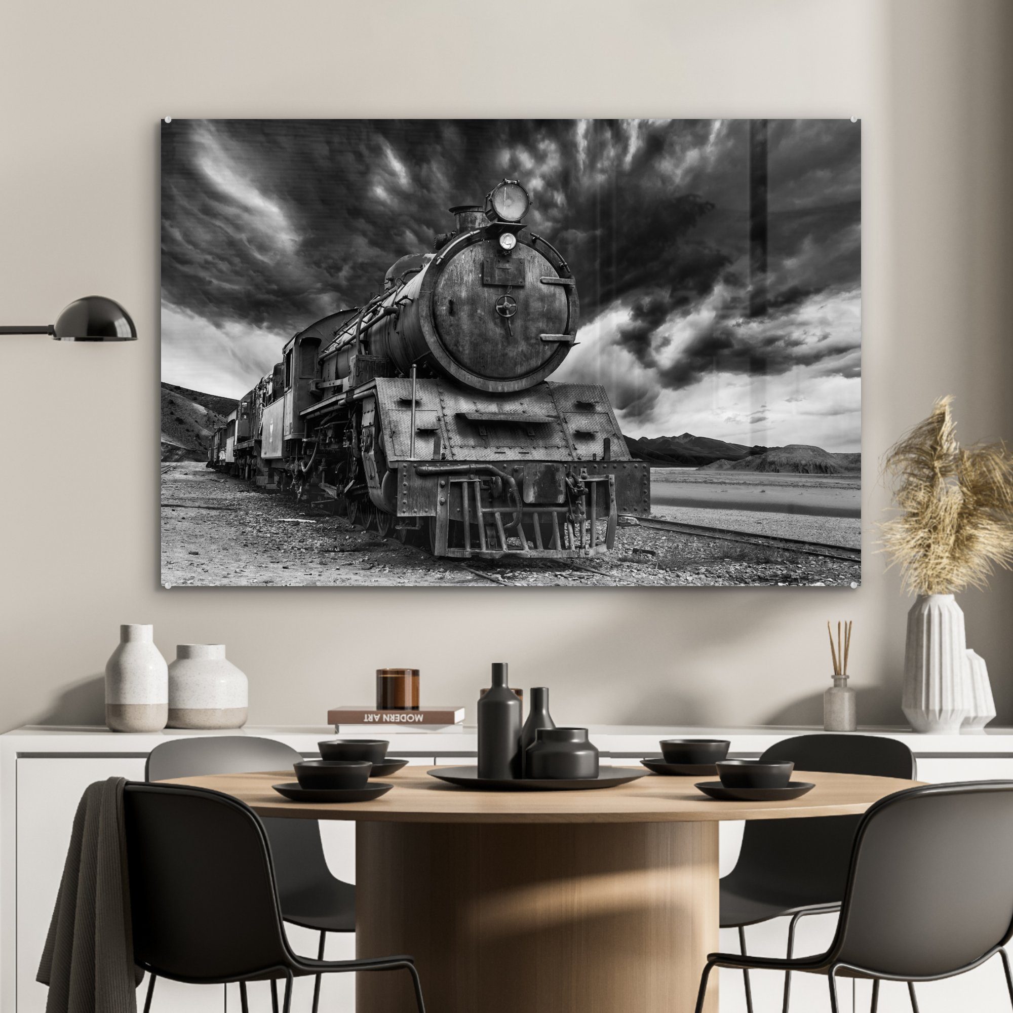 MuchoWow Acrylglasbilder (1 Dampfeisenbahn Schlafzimmer asiatischen Acrylglasbild einer Jordanien, im St), Wohnzimmer & Schwarz-Weiß-Foto