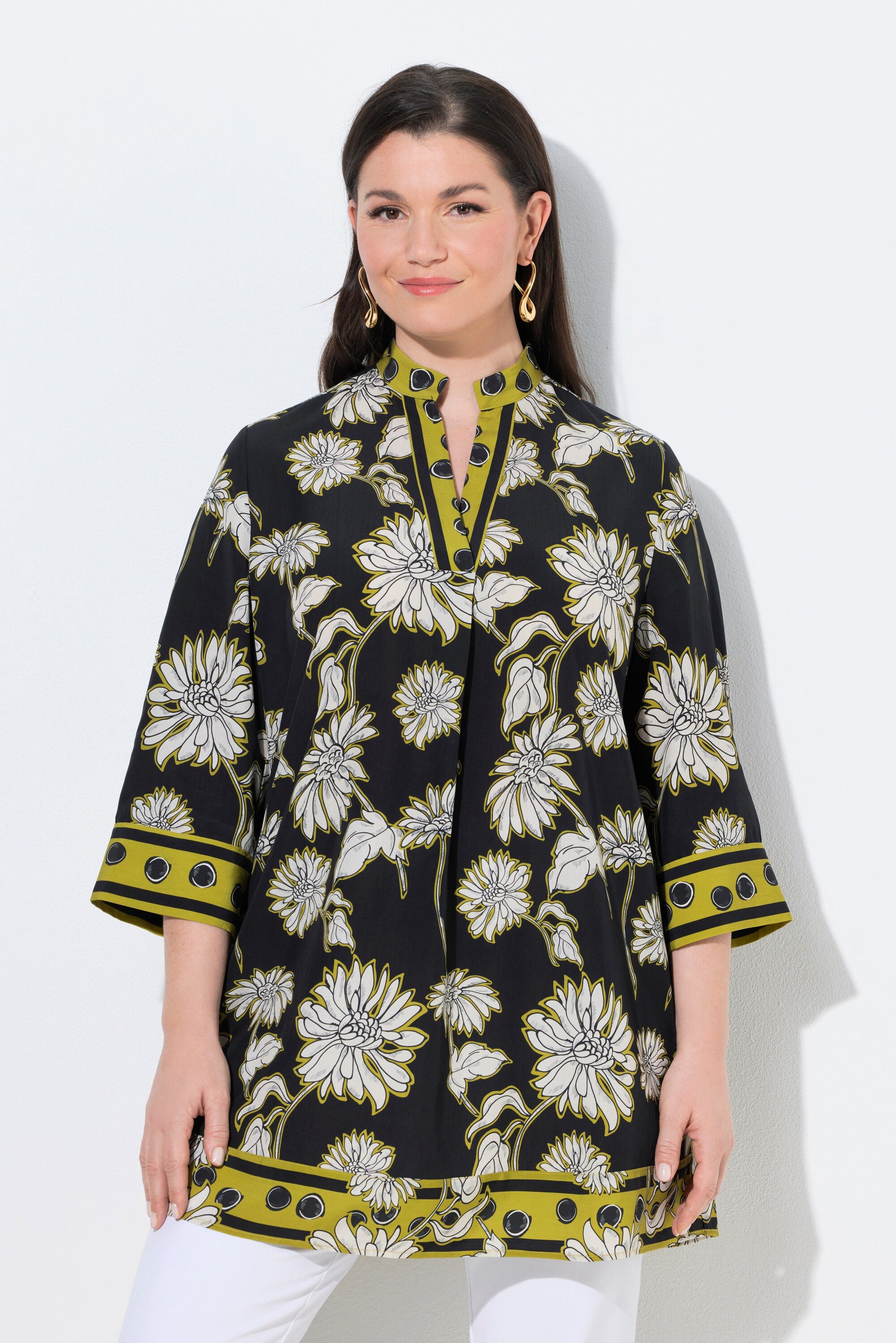 Ulla Popken Tunika Satin-Tunika Blüten A-Linie Stehkragen 3/4-Arm