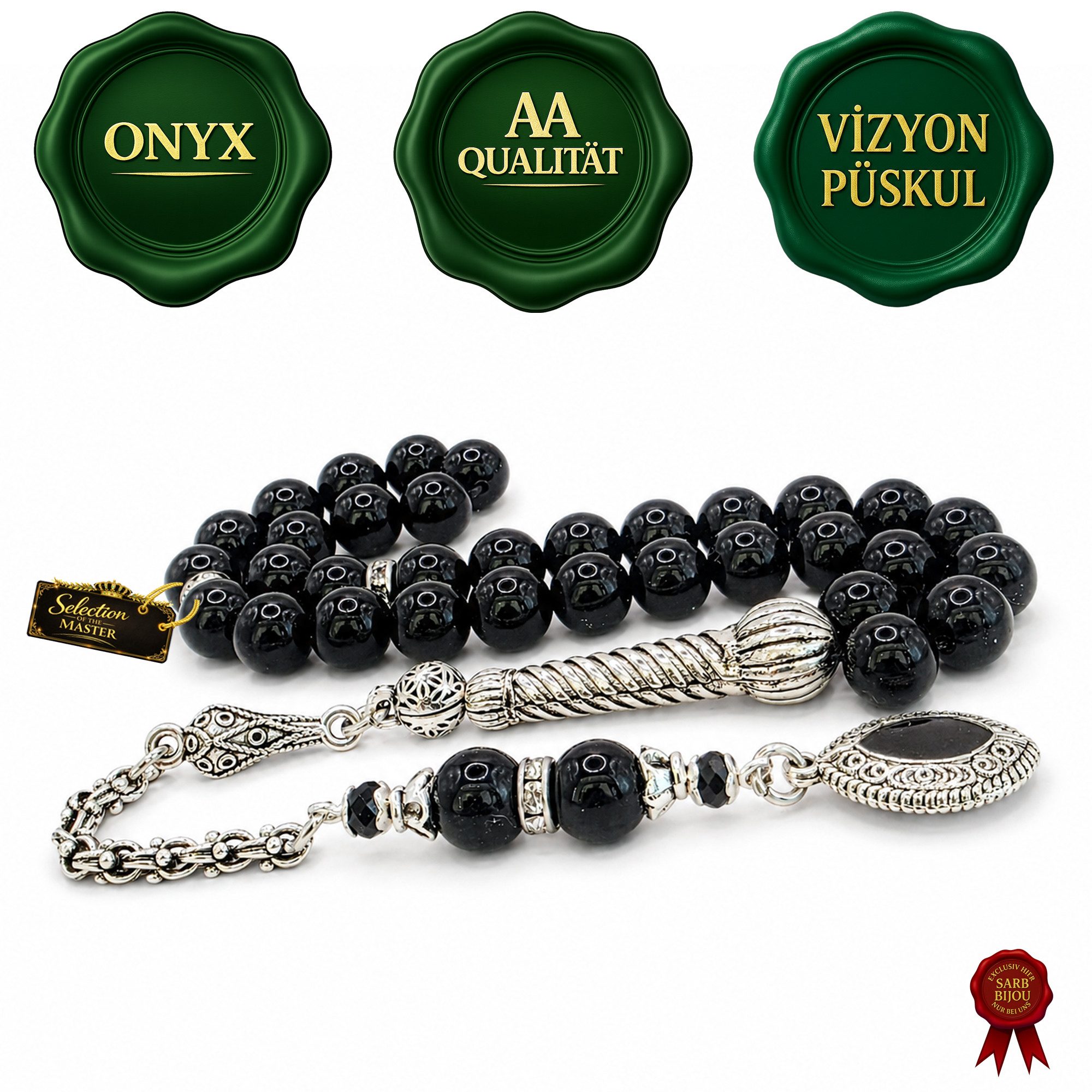 M-Punkt24 Kettenanhänger Tesbih Tespih Naturstein Küre Rund (Rosary, Subha Misbah, Gebetskette), Design Püskül, inkl. ETUI, *SONDERPREIS WEGEN PRODUKT NEUHEIT*