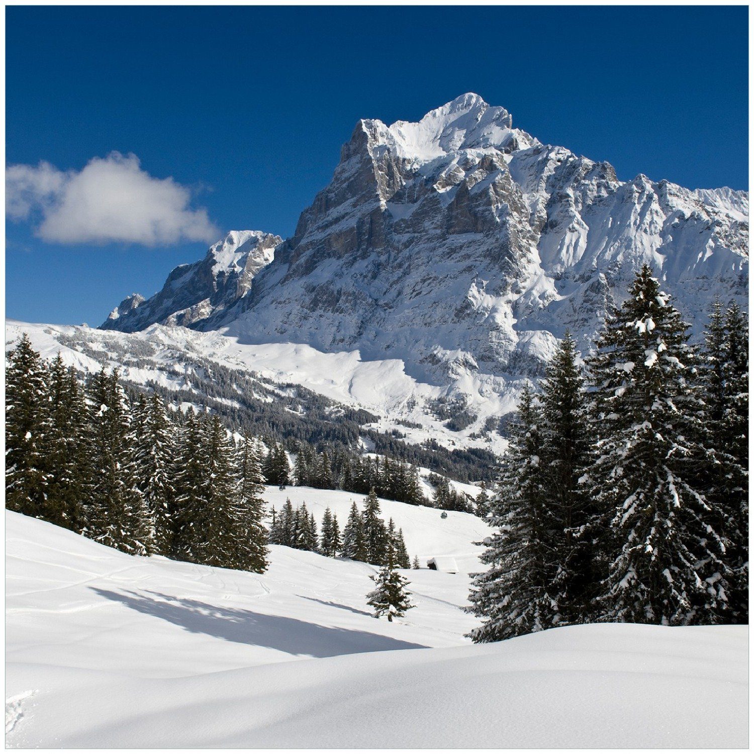 Wallario Memoboard Verschneiter Berghang unter blauem Himmel