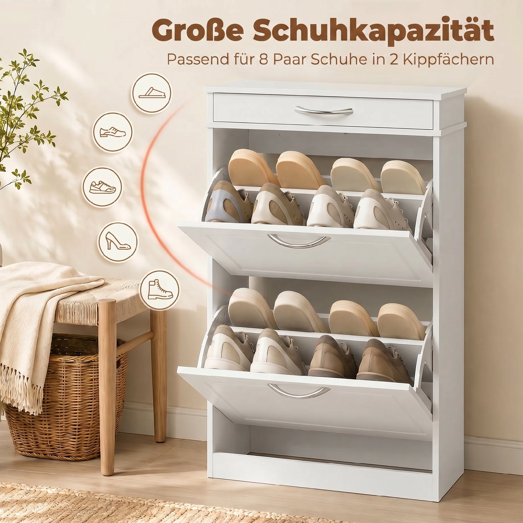 HOMCOM Schuhkipper Schuhschrank Schuhregal mit 2 Klappen für 8 Paar Schuhe (Schuhaufbewahrung, 1 St., 1), für Flur Eingang Wohnzimmer, 53 x 26,5 x 89 cm, Weiß – Bild 4 von 5