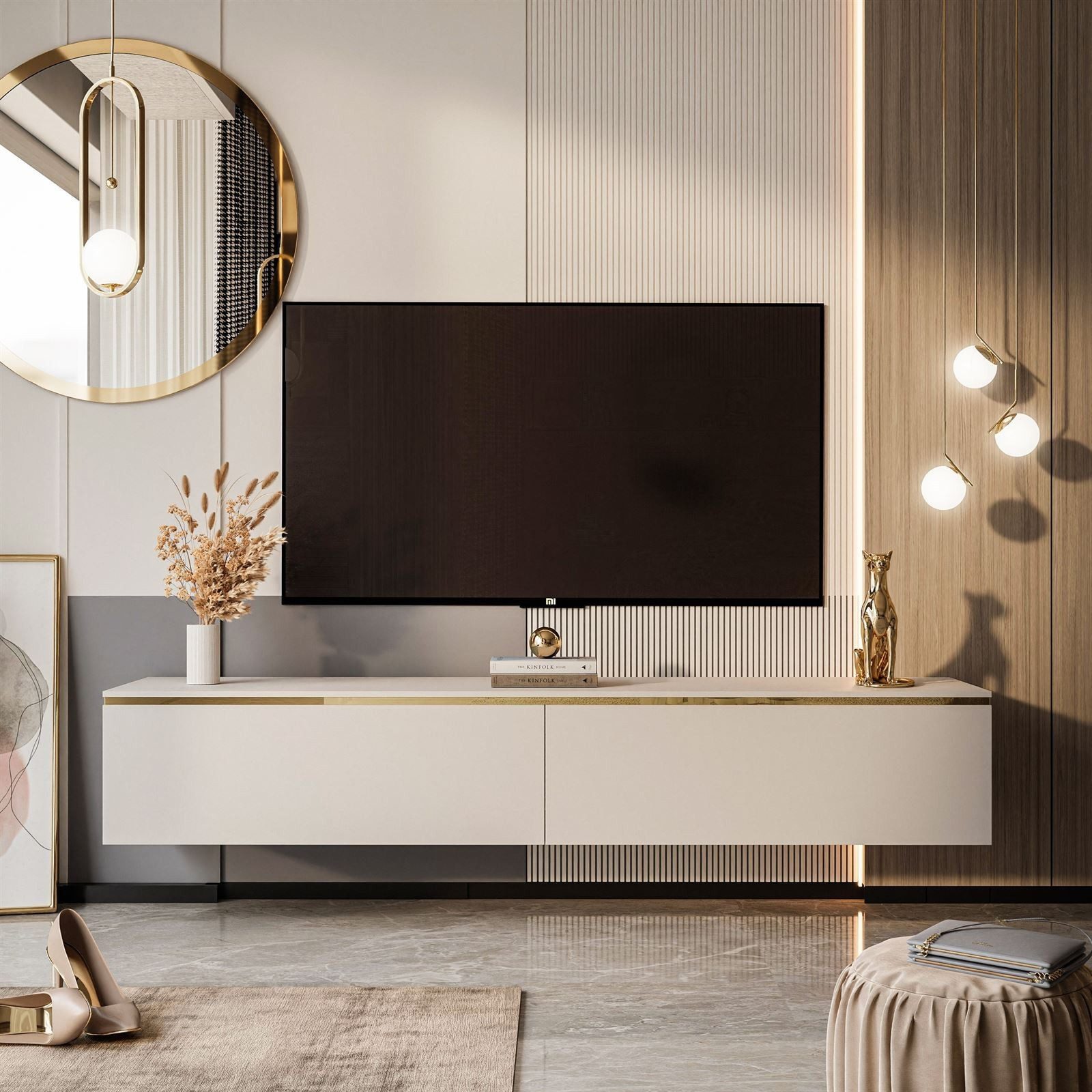 ALLHOUSE24 TV-Schrank PEONY Weiß/Schwarz/Kaschmir, hängend oder mit goldenen Beinen (1x TV Schrank) Breite 180 cm