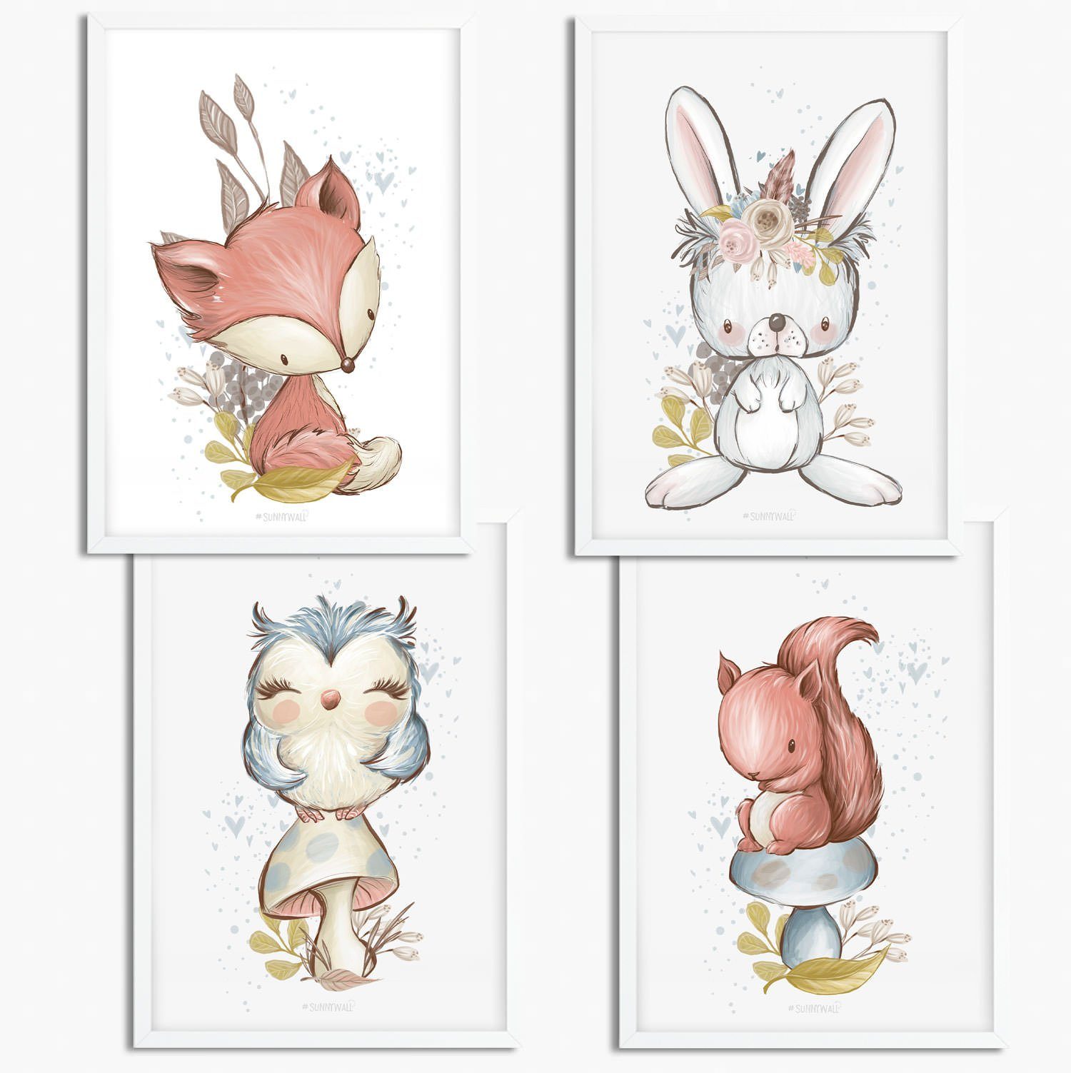 Sunnywall Poster Poster Kinderzimmer Eule, Fuchs, Hase & Hörnchen Waldtiere (4er Set), Eule, Fuchs, Hase & Hörnchen (Set, 4 St), ungerahmt