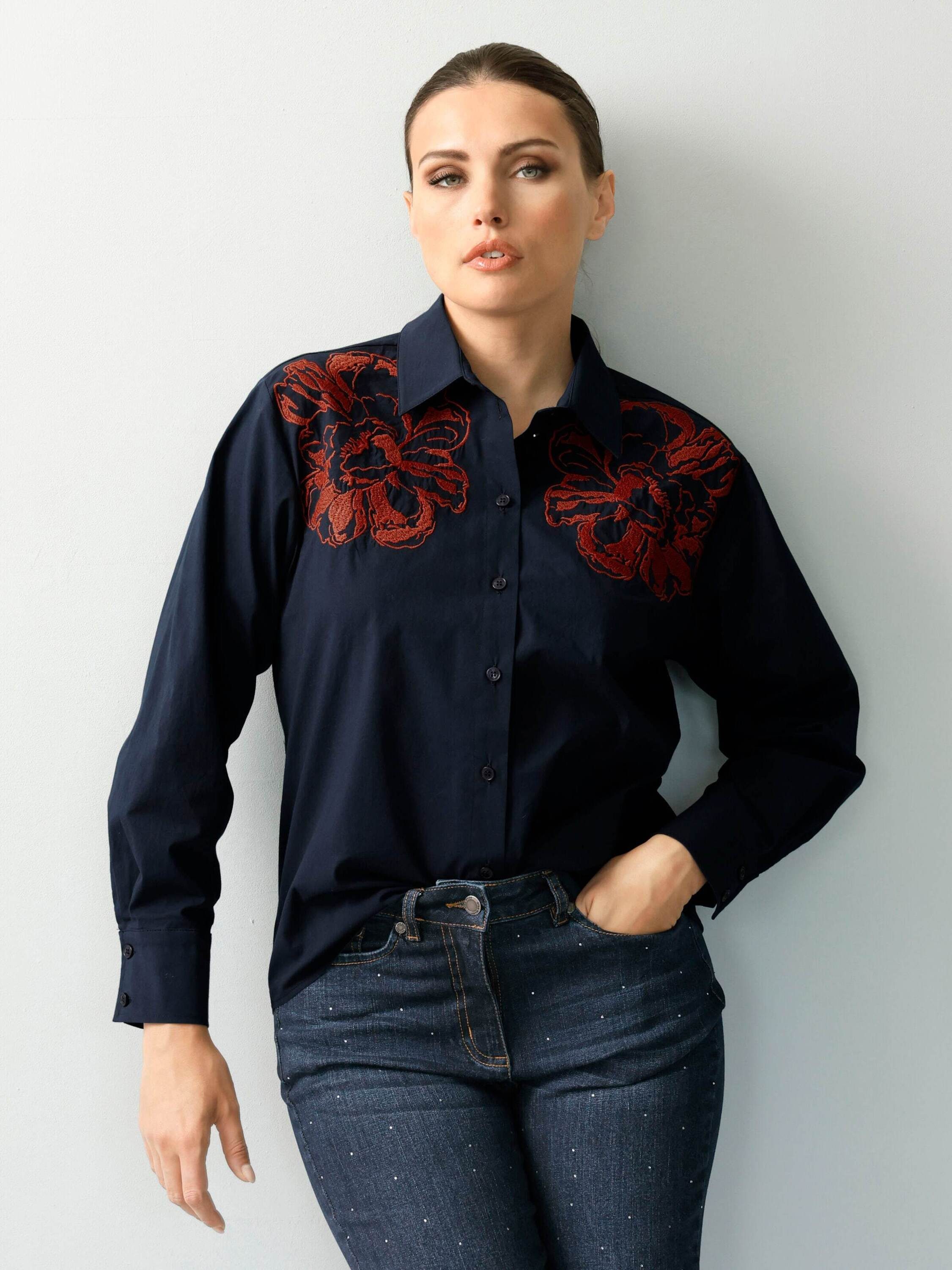 Alba Moda Hemdbluse Bestickte Freizeitbluse mit Blüten Florale Optik trifft Hemdkragen: modischer Eyecatcher