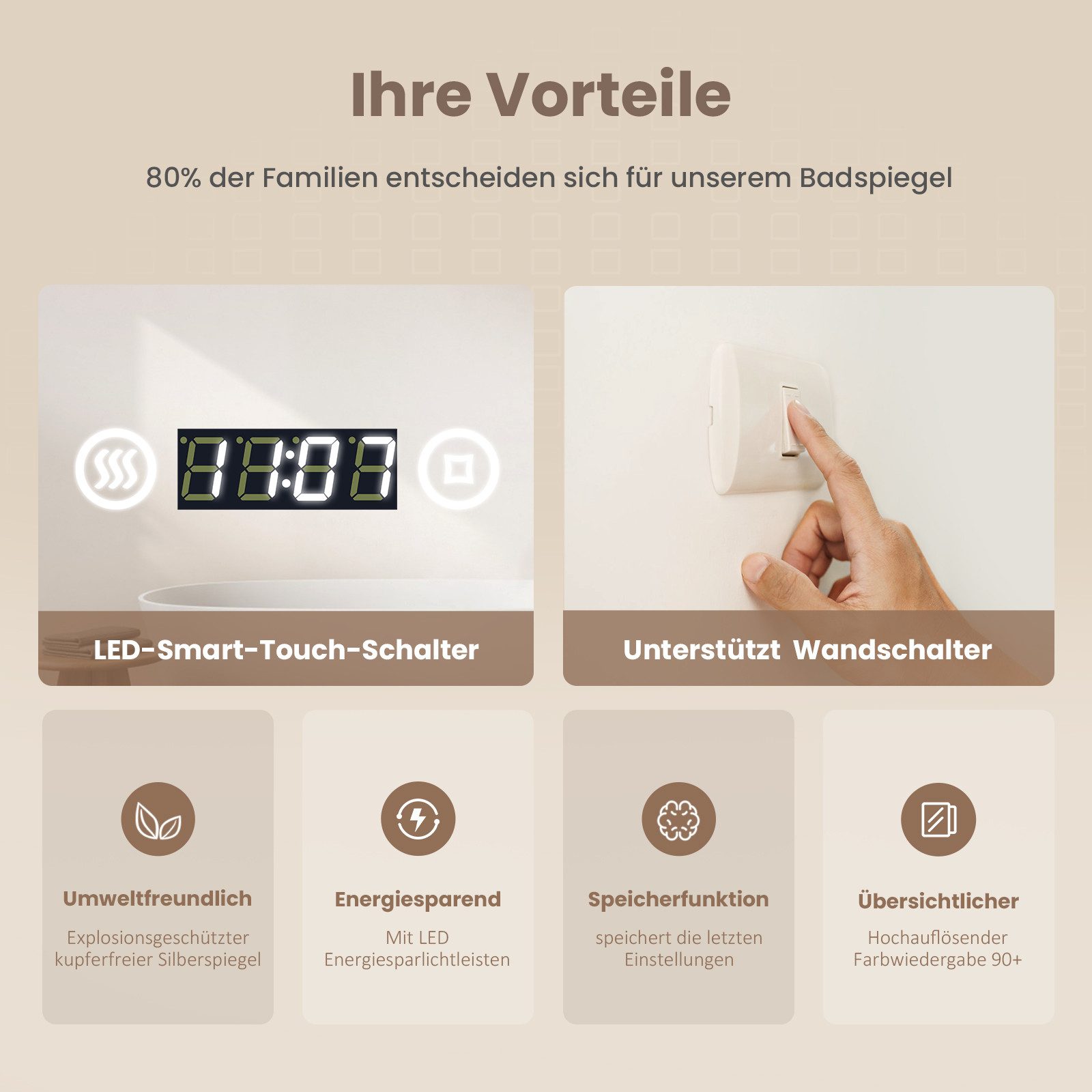 EMKE Badspiegel mit Beleuchtung LED Wandspiegel 3-fach Vergrößerung Kosmetikspiegel (Breite: 80~100cm, Touchschalter), Beschlagfrei, Uhr, Kaltweißlicht, Memory Funktion, IP44