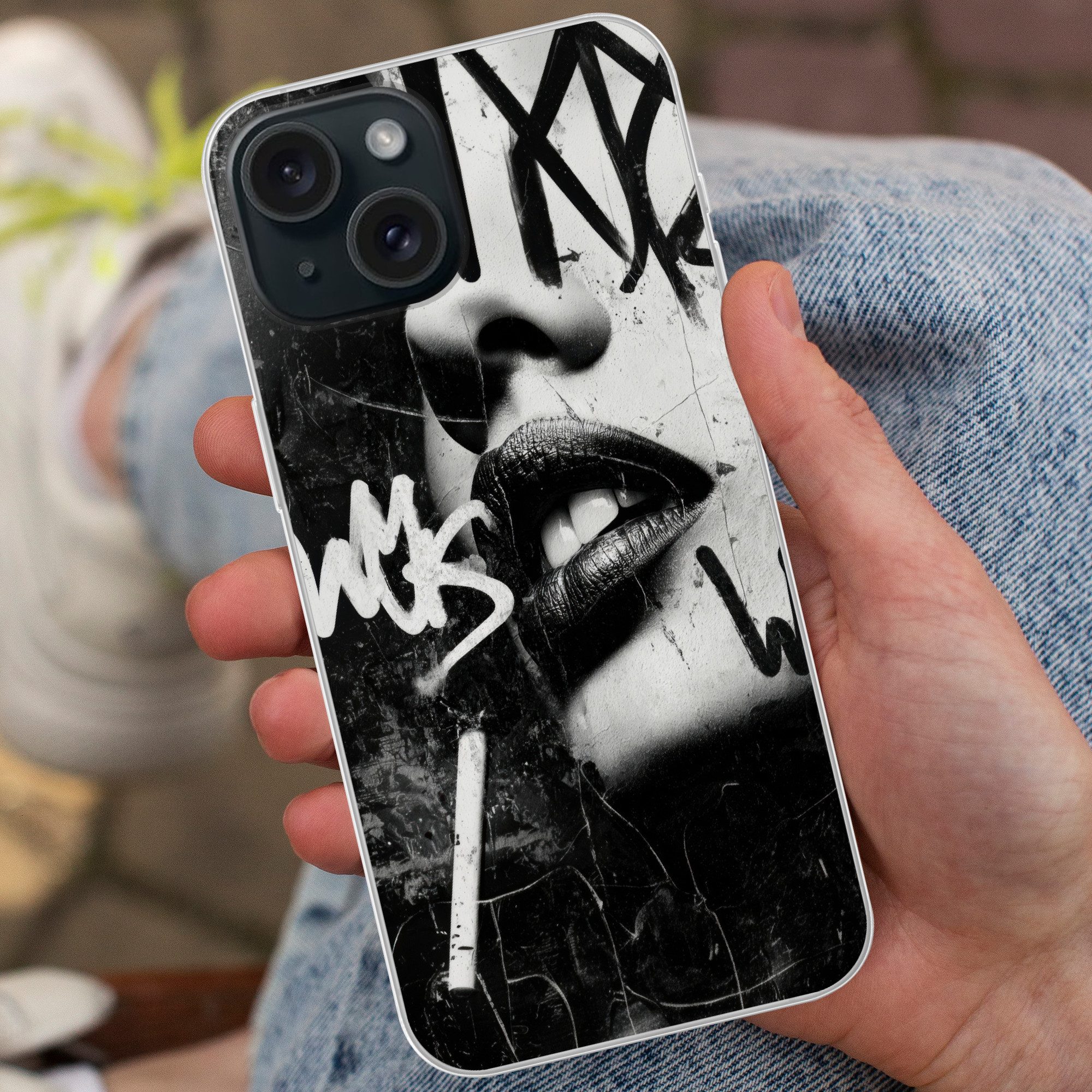 MuchoWow Handyhülle für Apple iPhone 15 Gesicht - Mund - Graffiti - Schwarz, Smartphone-Bumper, Print, Handy Schutzhülle Dünn