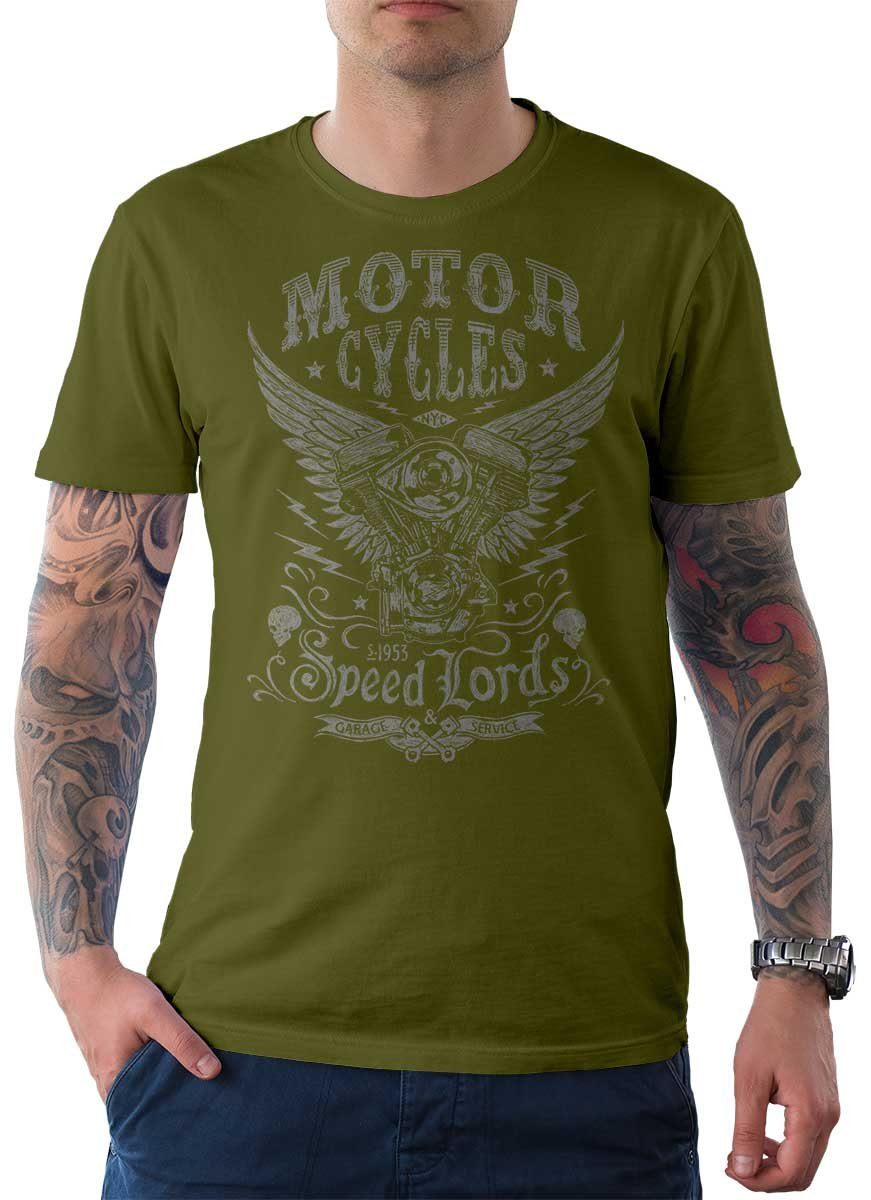 Rebel On Wheels T-Shirt Herren T-Shirt Tee Speedlords mit Biker / Motorrad Motiv Oliv