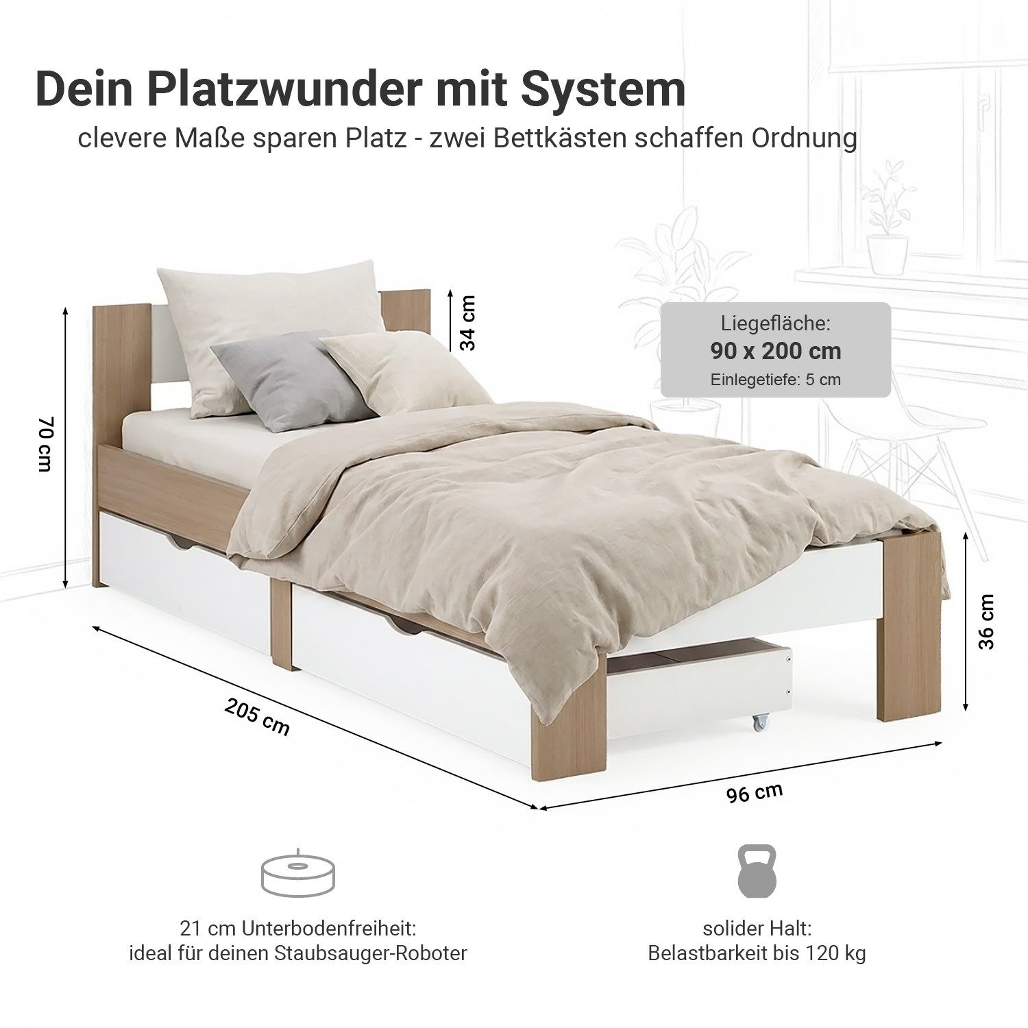 Homestyle4u Massivholzbett 90x200 mit Bettkasten Lattenrost Eiche Weiß mit und ohne Matratze (Set, mit Lattenrost, 2 Bettkästen, Stauraumbett), 90x200, mit Stauraum, foliert, schlicht