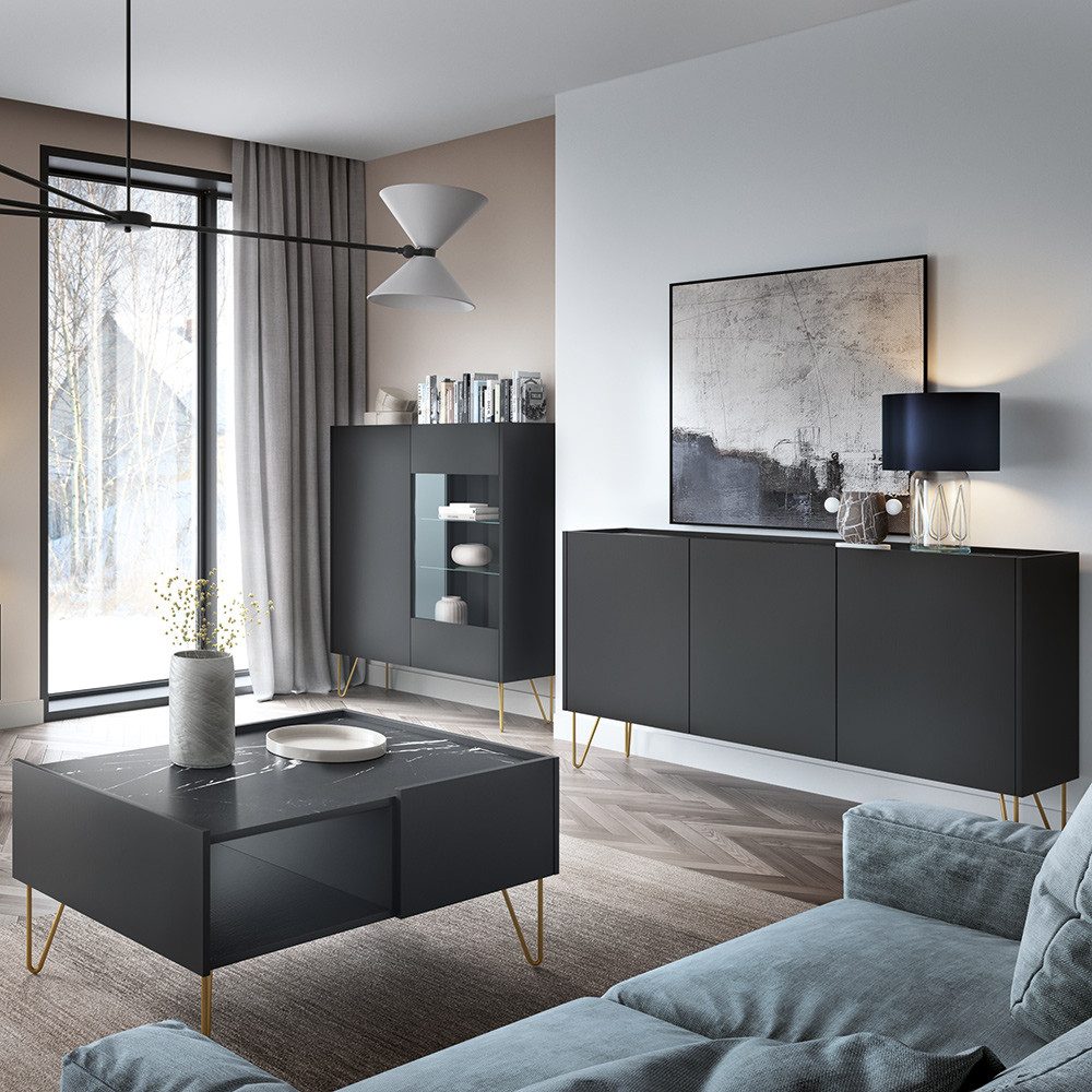 Lomadox Wohnzimmer-Set HERMOSILLO-160, (Mega-Spar-Set, 3-St., Highboard Sideboard Couchtisch), Wohnwand Wohnmöbel, graphit, Oberboden Marmoroptik, goldene Füße