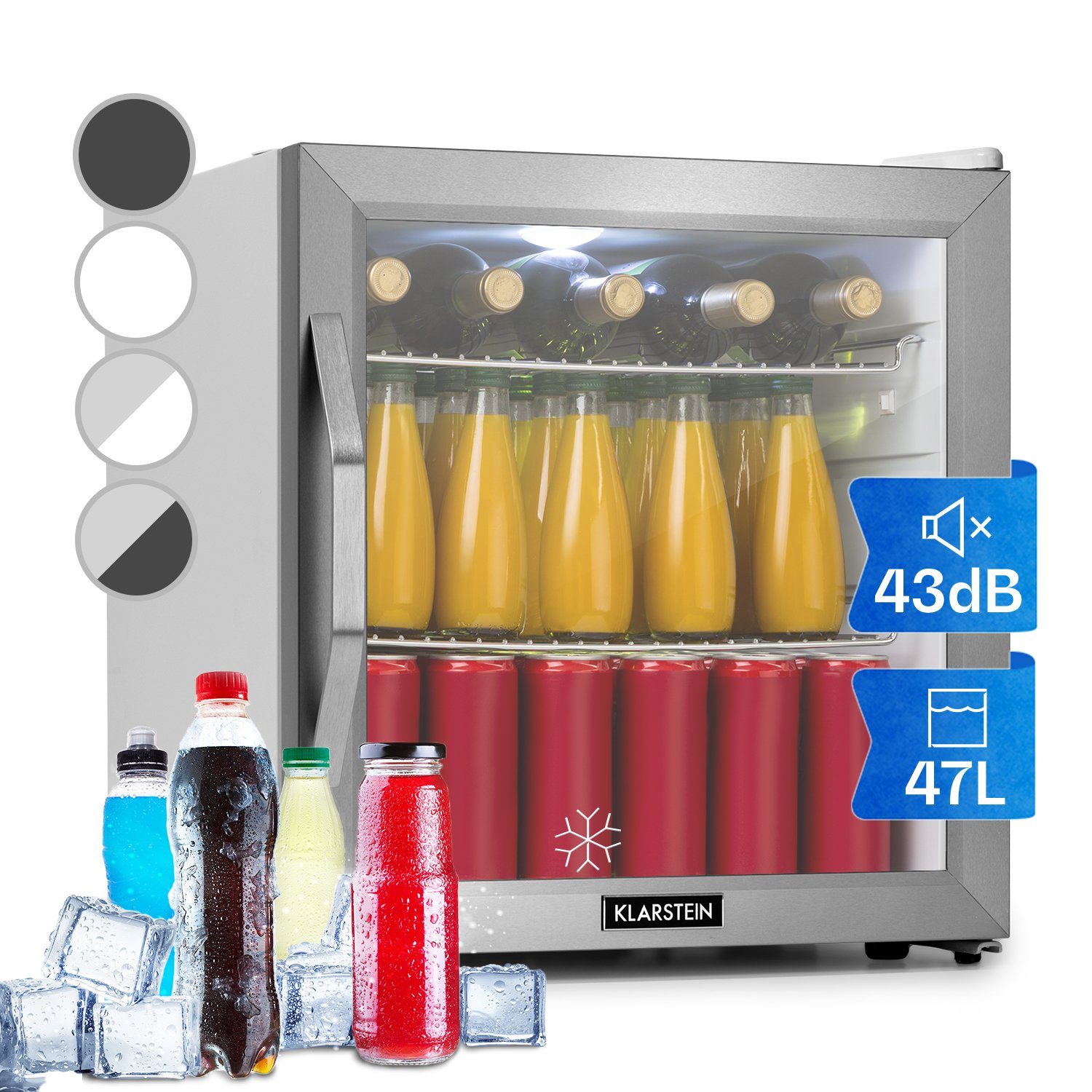 Klarstein Getränkekühlschrank Beersafe L, 50 cm hoch, 47.5 cm breit, Mini Kühlschrank ohne Gefrierfach klein Getränkekühlschrank Glastür