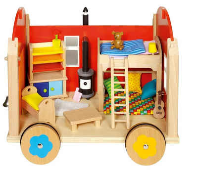 goki Puppenwohnwagen Puppenbauwagen mit Zubehör, (24-tlg), vollständig mit Möbeln eingerichtet