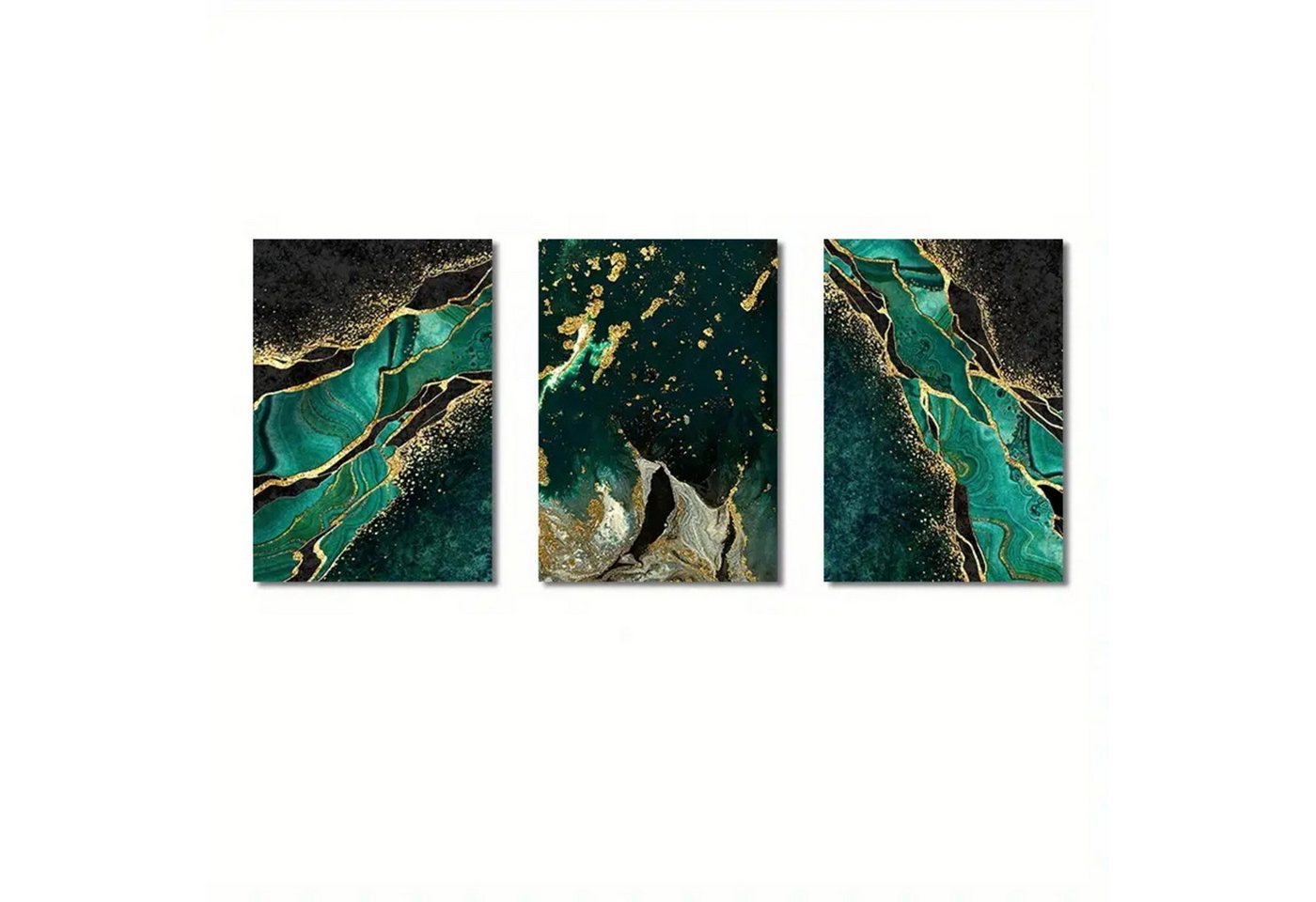 TPFLiving Kunstdruck OHNE RAHMEN, 3er Set - Abstrakte Marmorstrukturen - (Leinwandbild XXL), Farben: Farben: Grün, schwarz, gold - Größe: 20x30cm